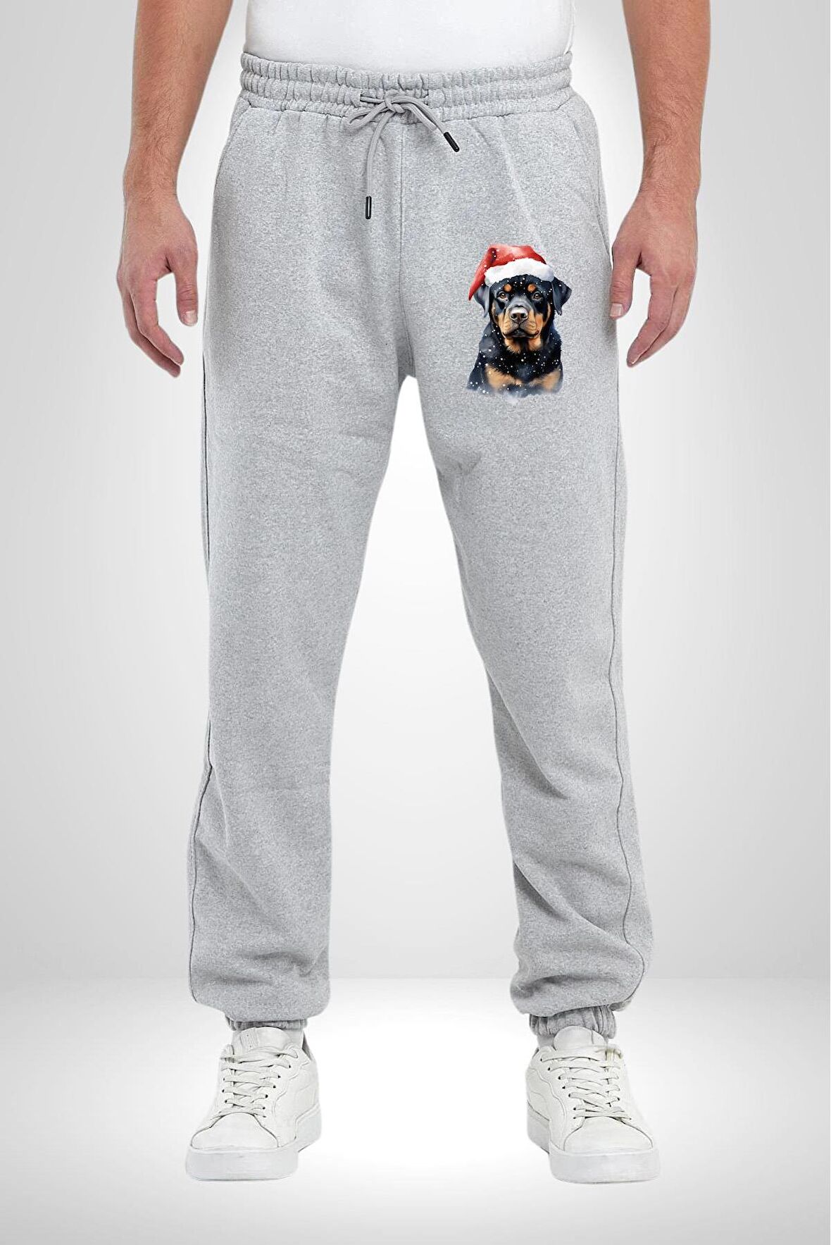 Yeni Yıl Noel Rottweiler Pamuklu 3 İplik Gri Eşofman Altı Erkek Oversize Kesim Dijital Baskılı