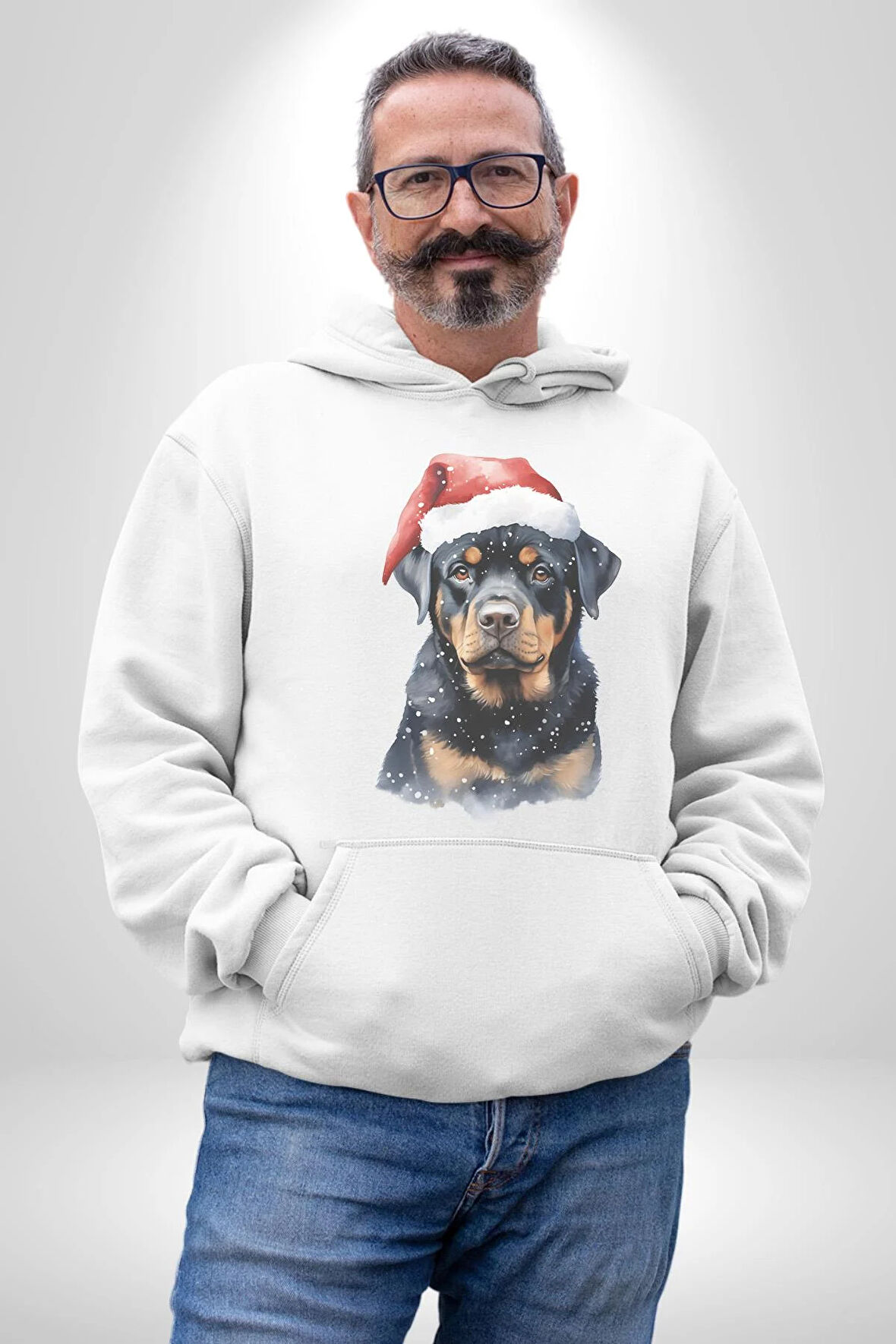 Yeni Yıl Noel Rottweiler Kadın Erkek  Beyaz Kapüşonlu Sweatshirt Hoodie