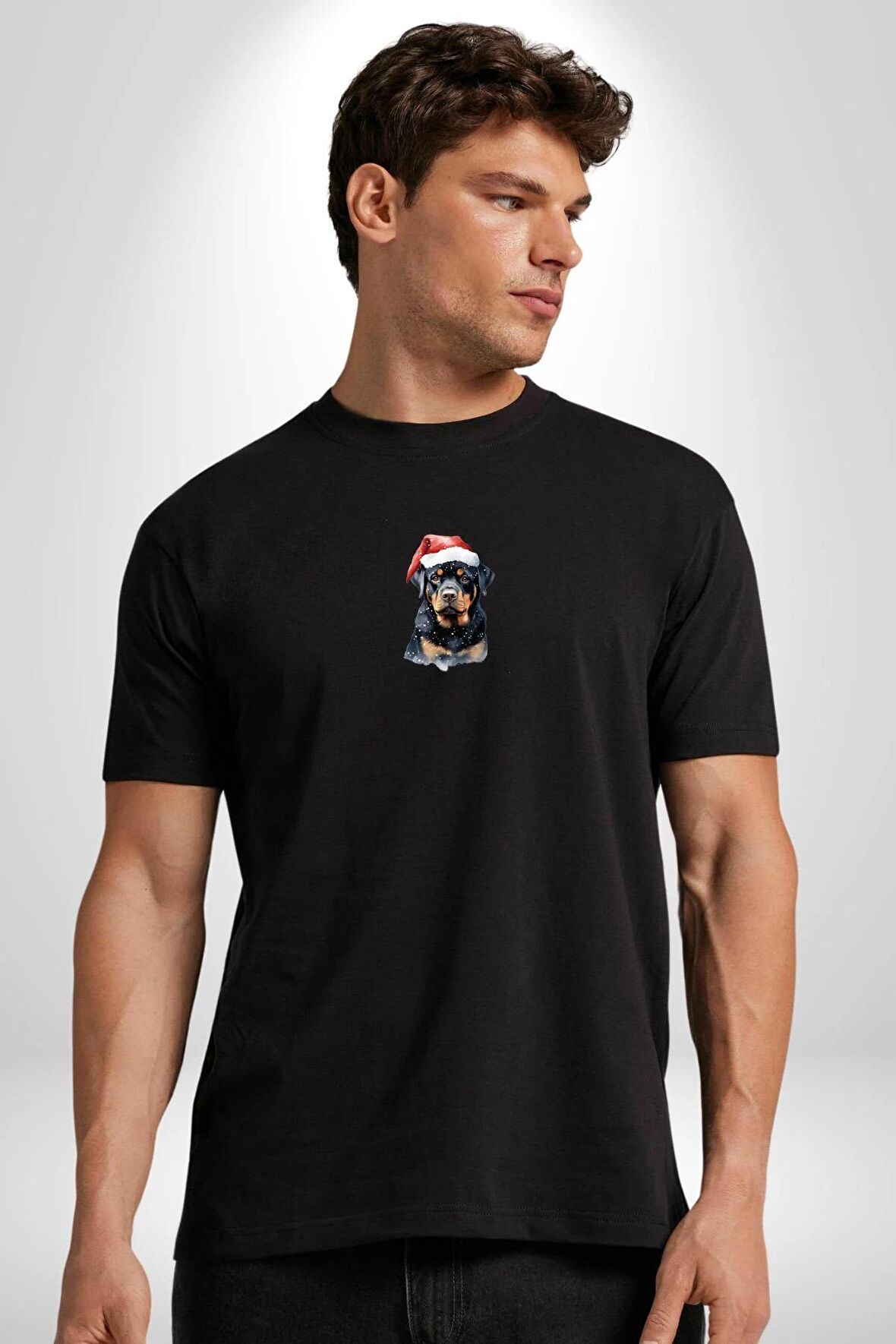 Yeni Yıl Noel Rottweiler Siyah Oversize Kadın Erkek Ön Orta Minimal Baskılı Tişört