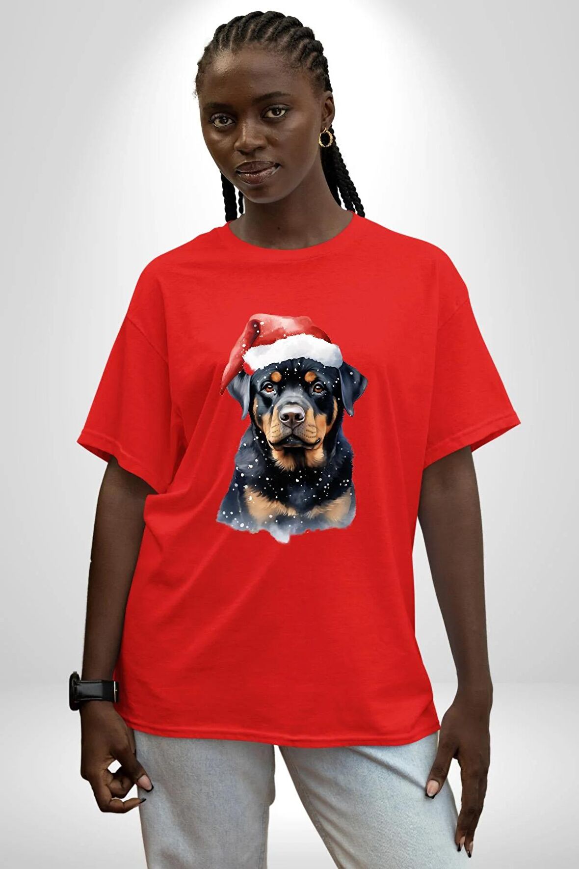 Yeni Yıl Noel Rottweiler Pamuklu Bisiklet Yaka Kadın Erkek Oversize Boyfriend Dijital Baskılı Kırmızı T-Shirt