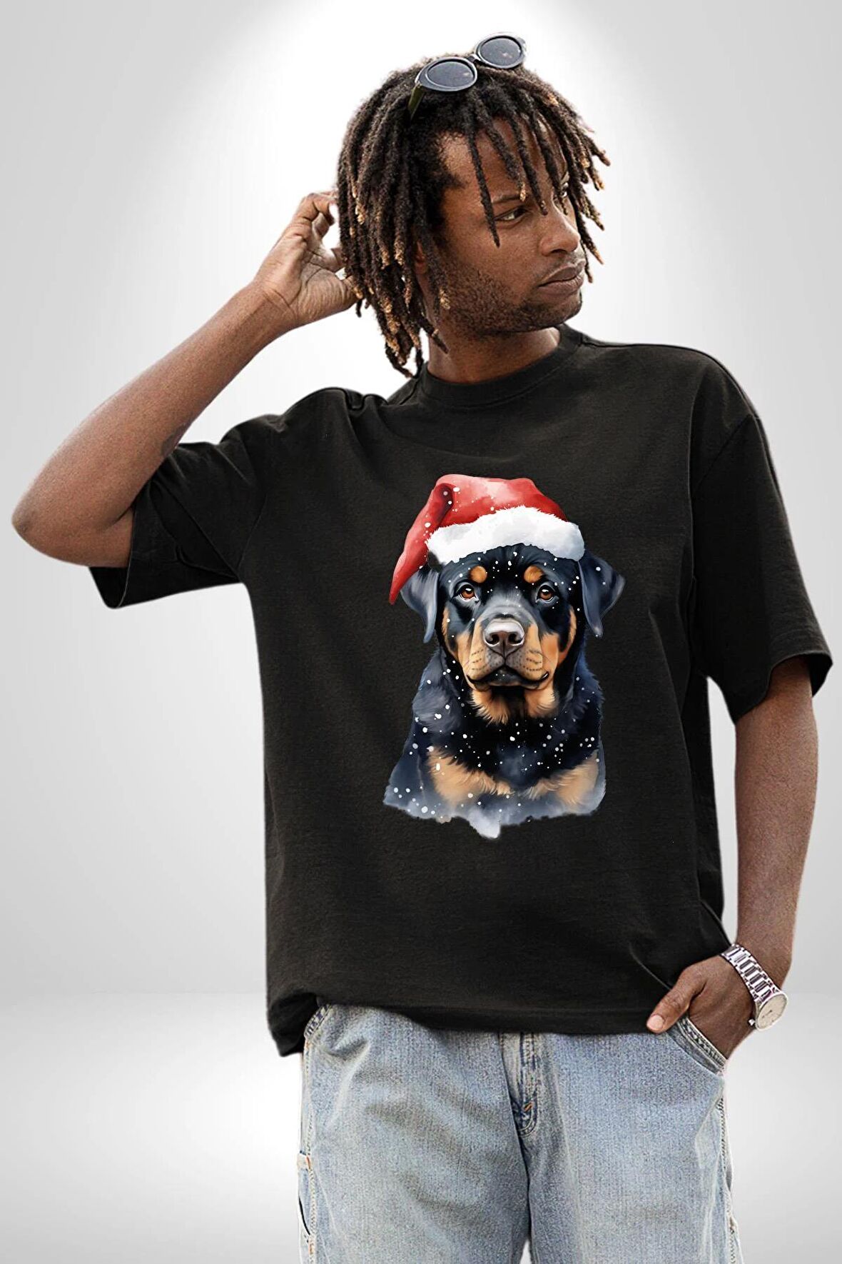 Yeni Yıl Noel Rottweiler Pamuklu Bisiklet Yaka Kadın Erkek Oversize Boyfriend Dijital Baskılı Siyah T-shirt