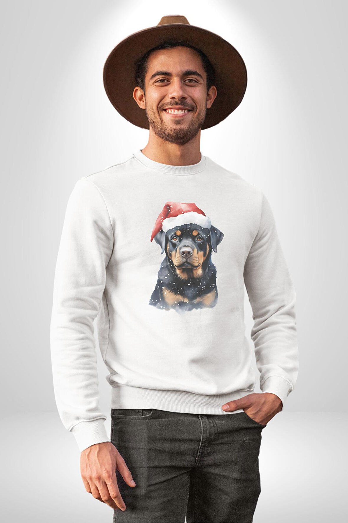 Yeni Yıl Noel Rottweiler Kadın Erkek  Beyaz Baskılı Sweatshirt 