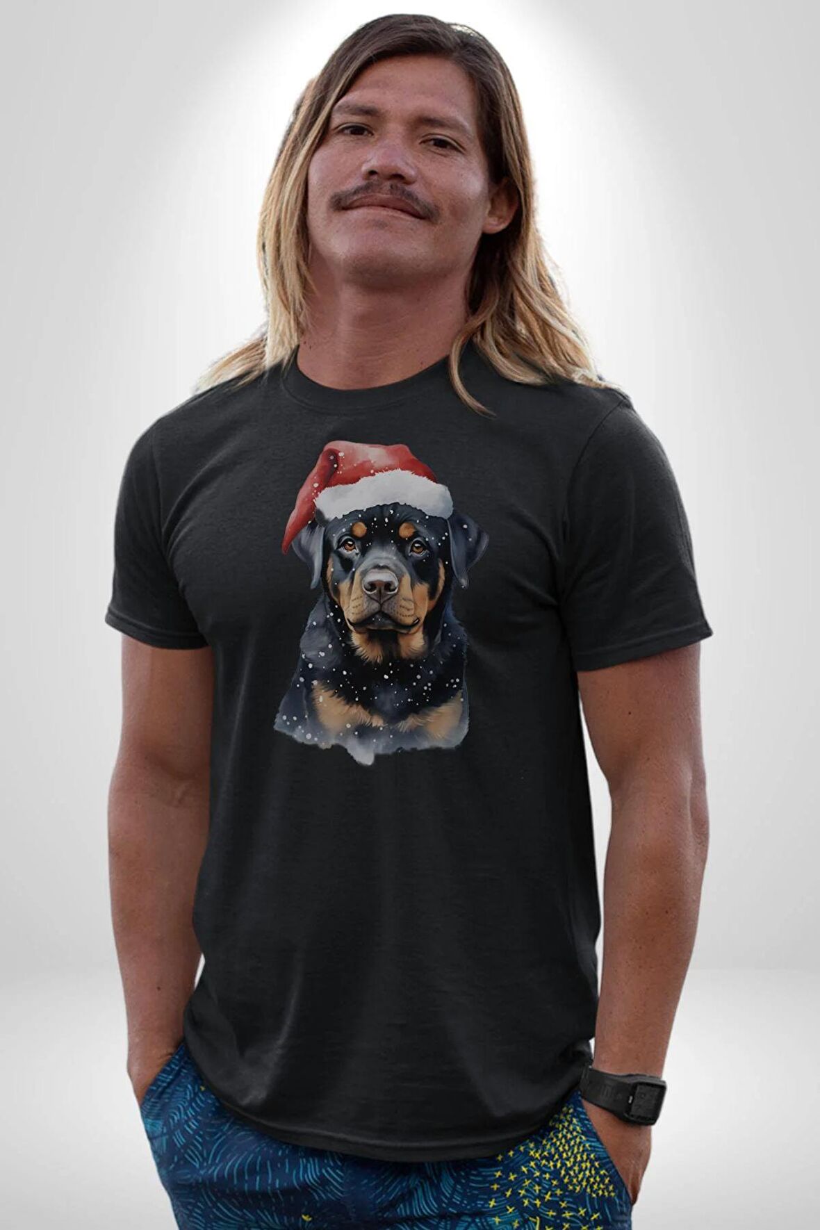 Yeni Yıl Noel Rottweiler Kadın Erkek Unisex Siyah Organik Baskılı T-Shirt Penye Yüksek Kalite