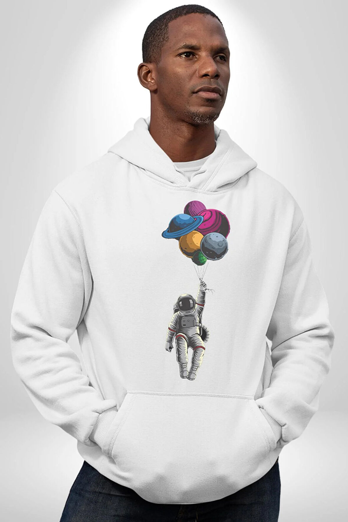Gezegenler Balon Astronot Yükselişi Kadın Erkek  Beyaz Kapüşonlu Sweatshirt Hoodie