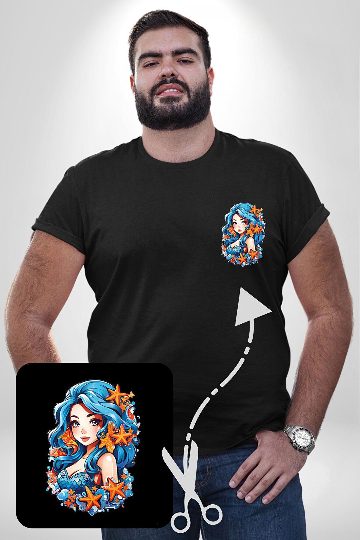 Deniz Kızı Deniz Yıldızı Mavi Saçlı Siyah Büyük Beden Kadın Basic Minimal Baskılı Tişört