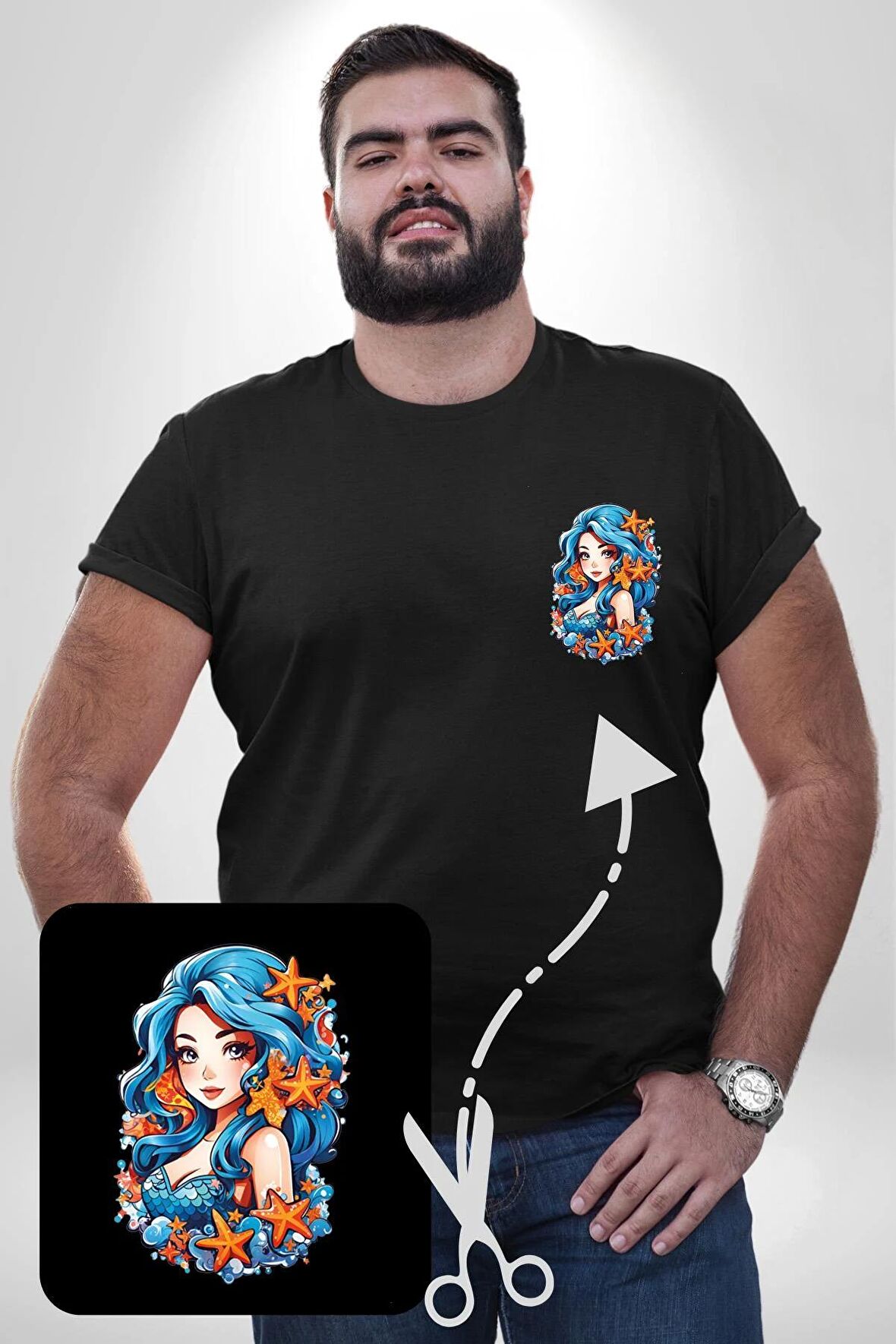 Deniz Kızı Deniz Yıldızı Mavi Saçlı Siyah Büyük Beden Kadın Basic Minimal Baskılı Tişört