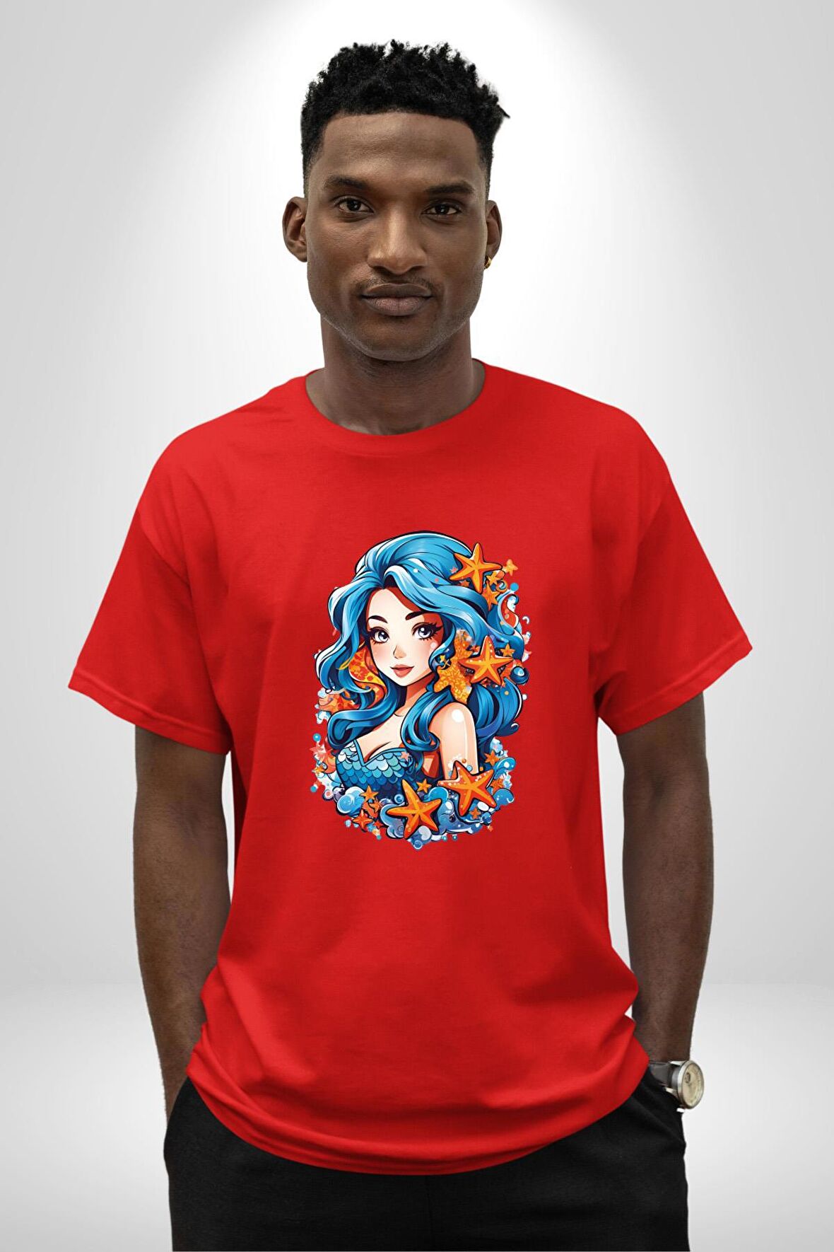 Deniz Kızı Deniz Yıldızı Mavi Saçlı Pamuklu Bisiklet Yaka Kadın Erkek Oversize Boyfriend Dijital Baskılı Kırmızı T-Shirt