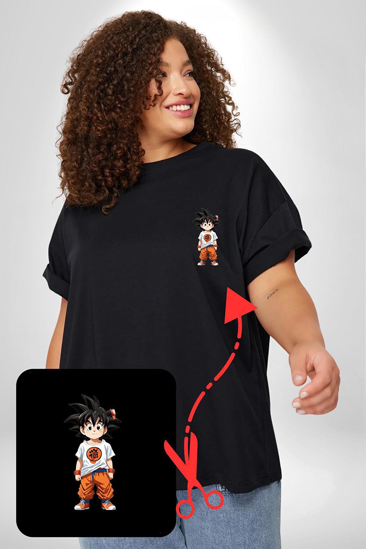 Çizgifilm Çocuk Goku Anime Asya  Siyah Büyük Beden Kadın Basic Minimal Baskılı Tişört