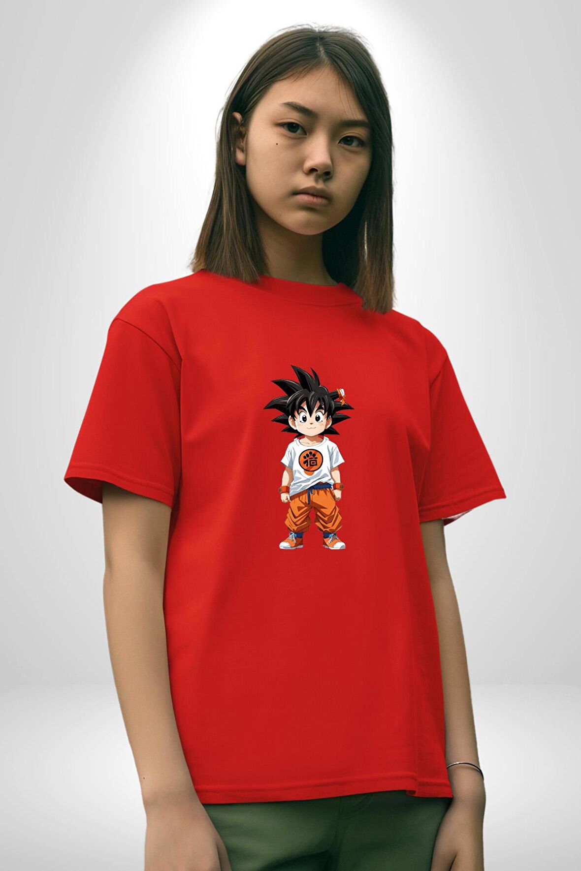 Çizgifilm Çocuk Goku Anime Asya  Pamuklu Bisiklet Yaka Kadın Erkek Oversize Boyfriend Dijital Baskılı Kırmızı T-Shirt