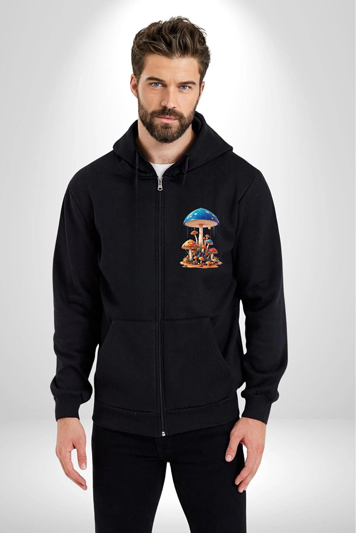 Renkli Mantar Süsler Kadın Erkek Siyah Renk Kapüşonlu Kanguru Cepli  Fermuarlı Pamuklu Oversize Dijital Baskılı Hırka Sweatshirt