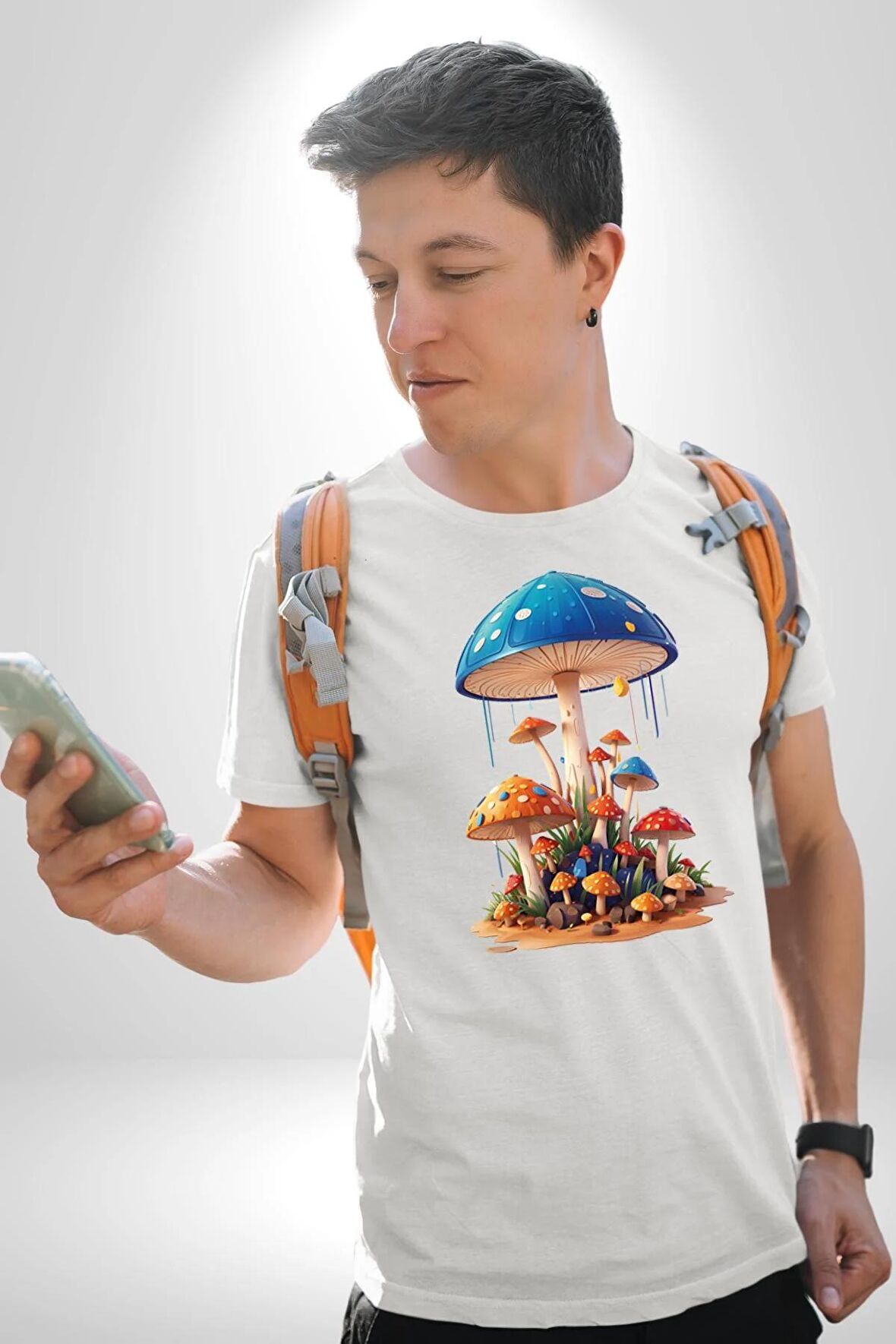 Renkli Mantar Süsler Kadın Erkek Unisex Beyaz Organik Baskılı T-Shirt Penye Yüksek Kalite