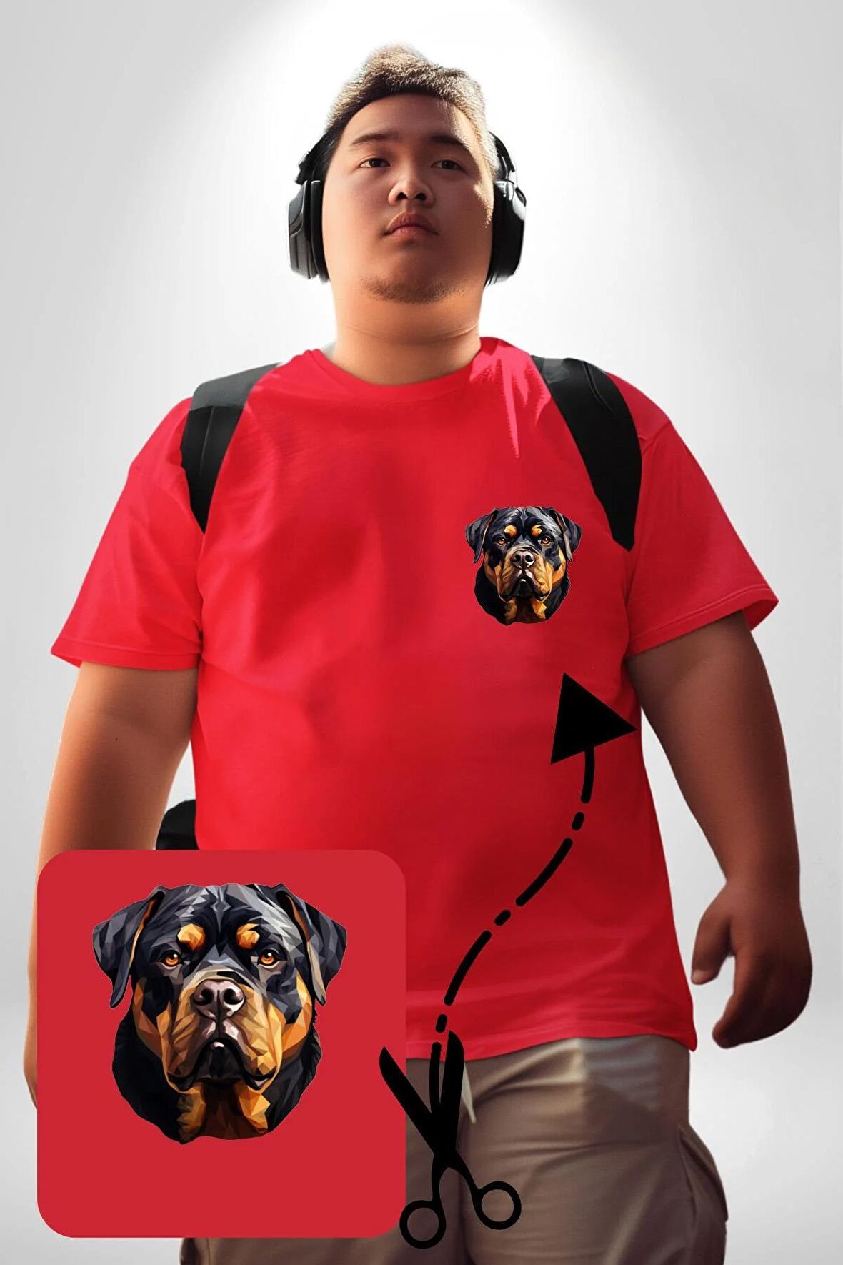 Rottweiler Kafası Kırmızı Büyük Beden Kadın Basic Minimal Baskılı Tişört