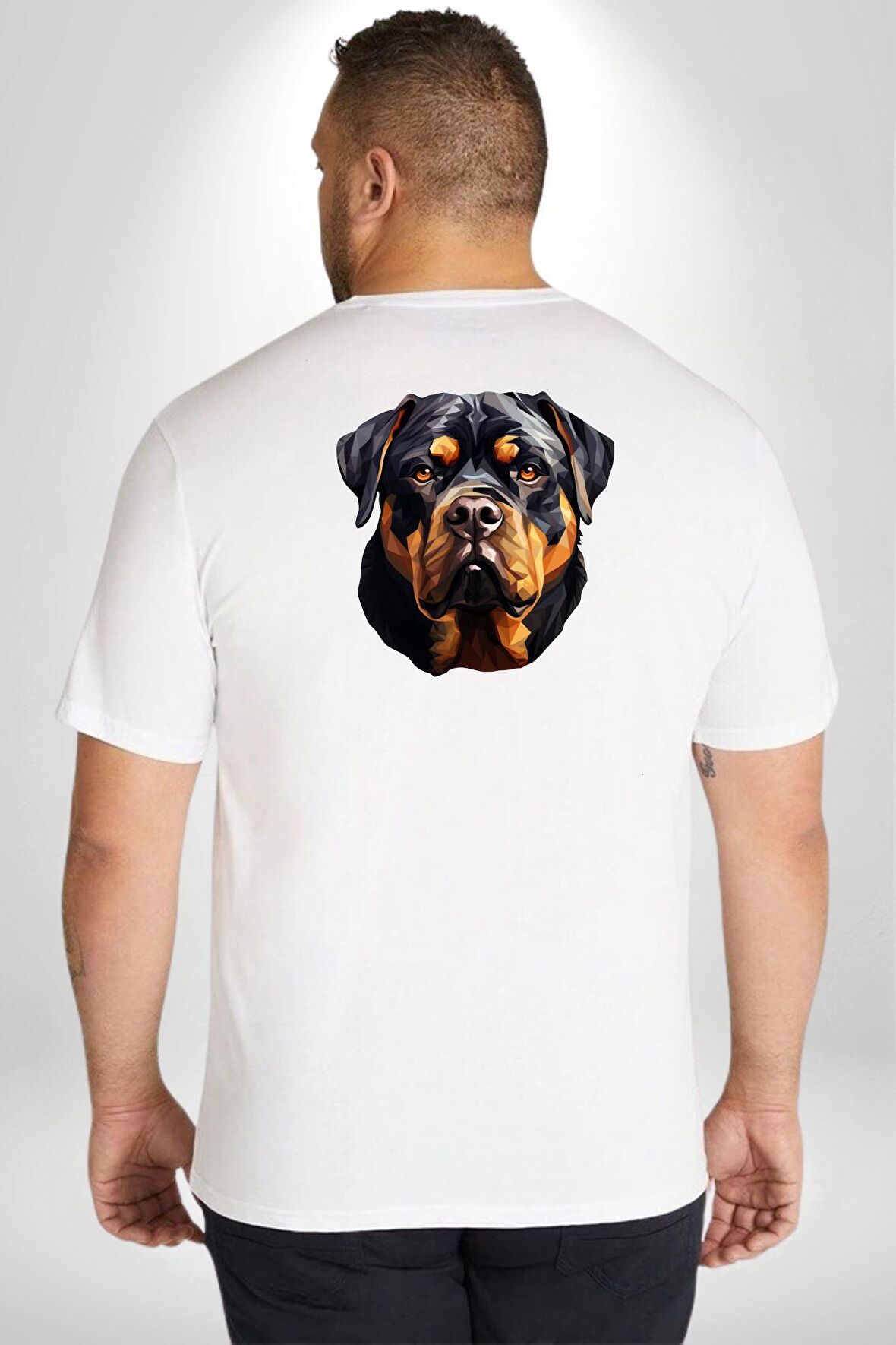 Rottweiler Kafası Büyük Beden Beyaz Tişört Kadın Erkek Ünisex Sırt Baskılı