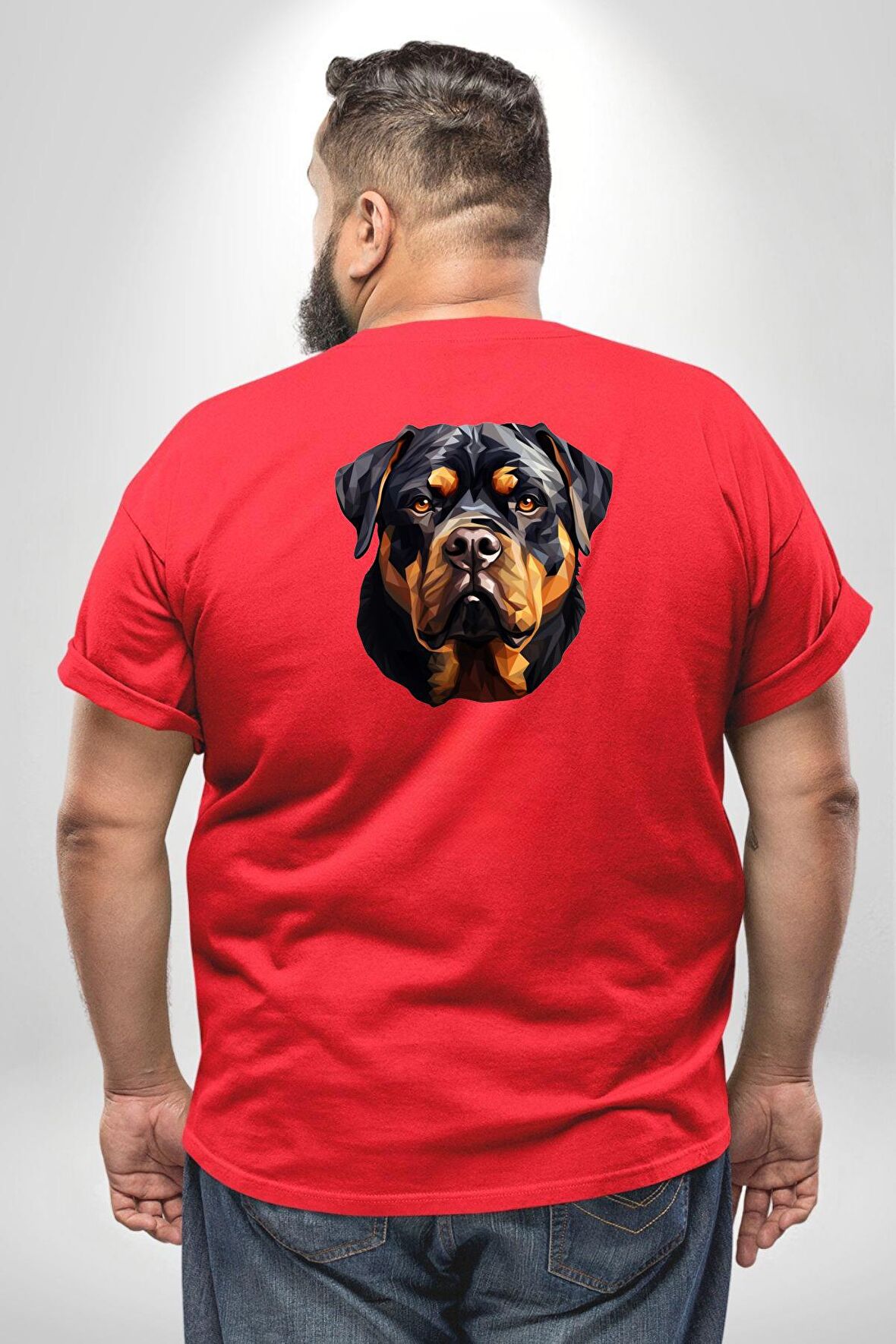 Rottweiler Kafası Büyük Beden Kırmızı Tişört Kadın Erkek Ünisex Sırt Baskılı