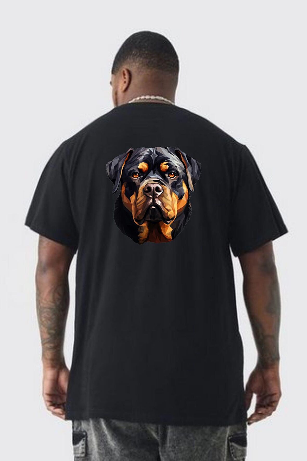 Rottweiler Kafası Büyük Beden Siyah Tişört Kadın Erkek Ünisex Sırt Baskılı