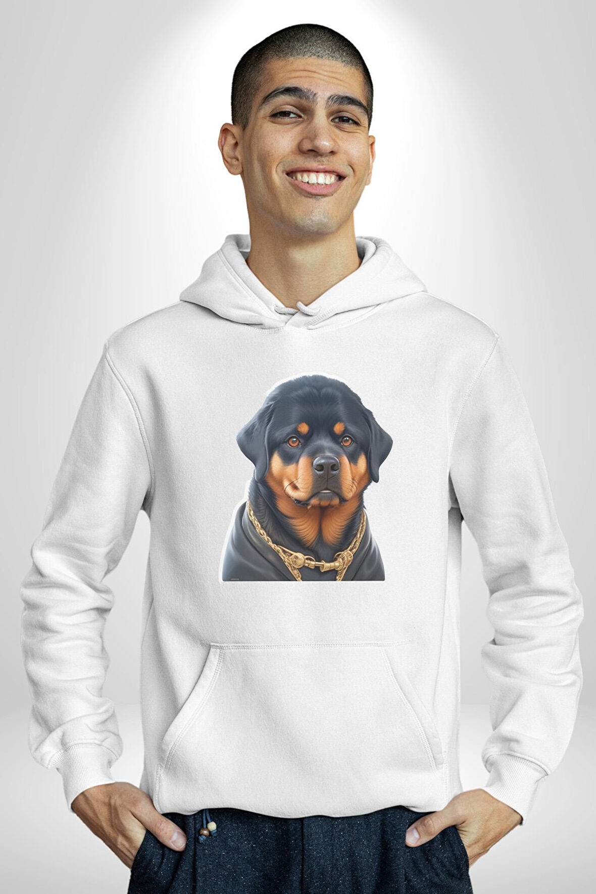 Rottweiler Koca Kafa Puppy Kadın Erkek  Beyaz Kapüşonlu Sweatshirt Hoodie