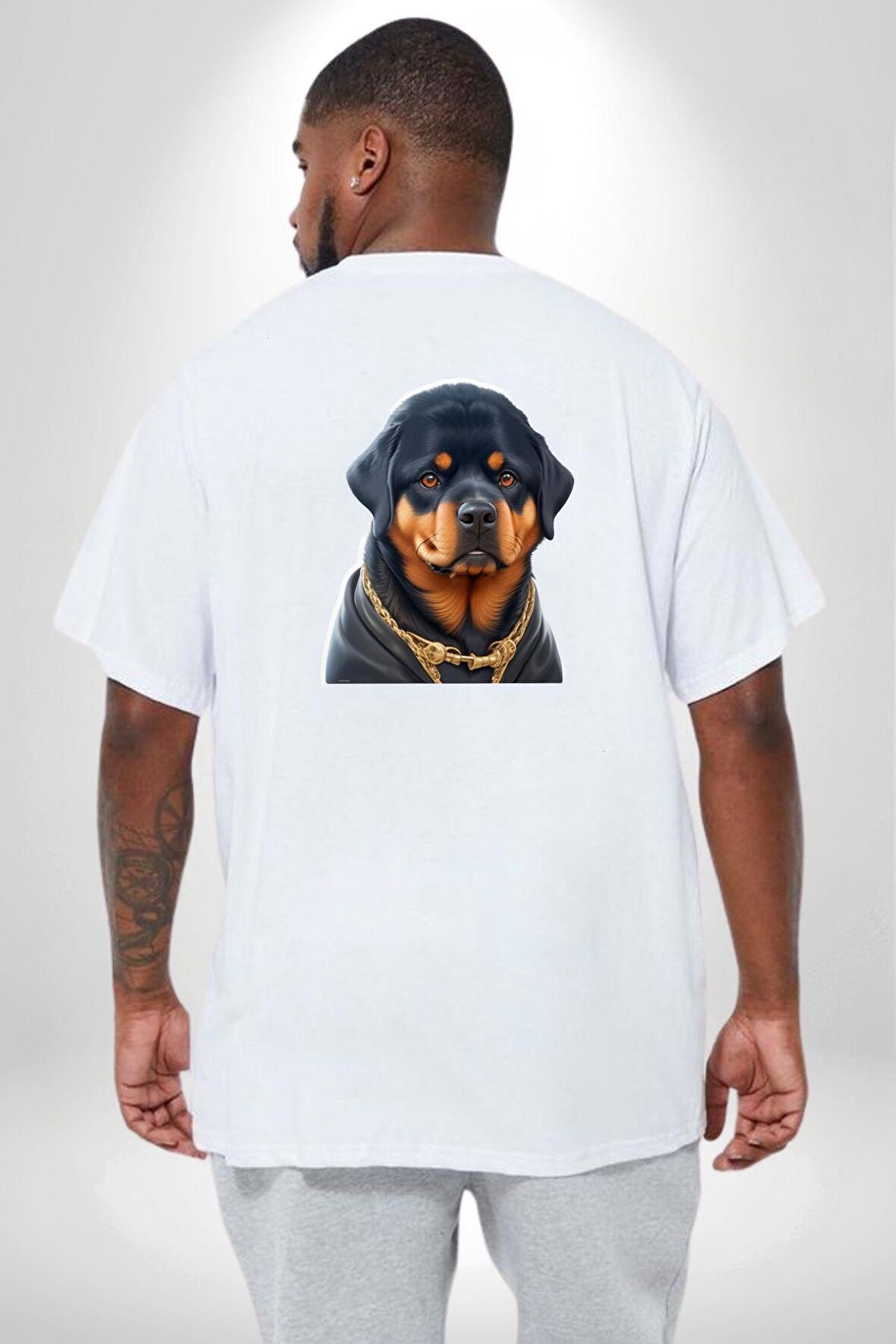 Rottweiler Koca Kafa Puppy Büyük Beden Beyaz Tişört Kadın Erkek Ünisex Sırt Baskılı