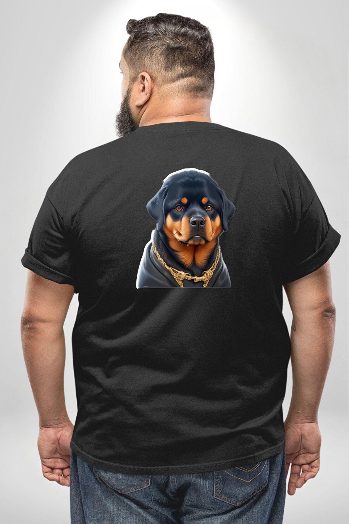 Rottweiler Koca Kafa Puppy Büyük Beden Siyah Tişört Kadın Erkek Ünisex Sırt Baskılı