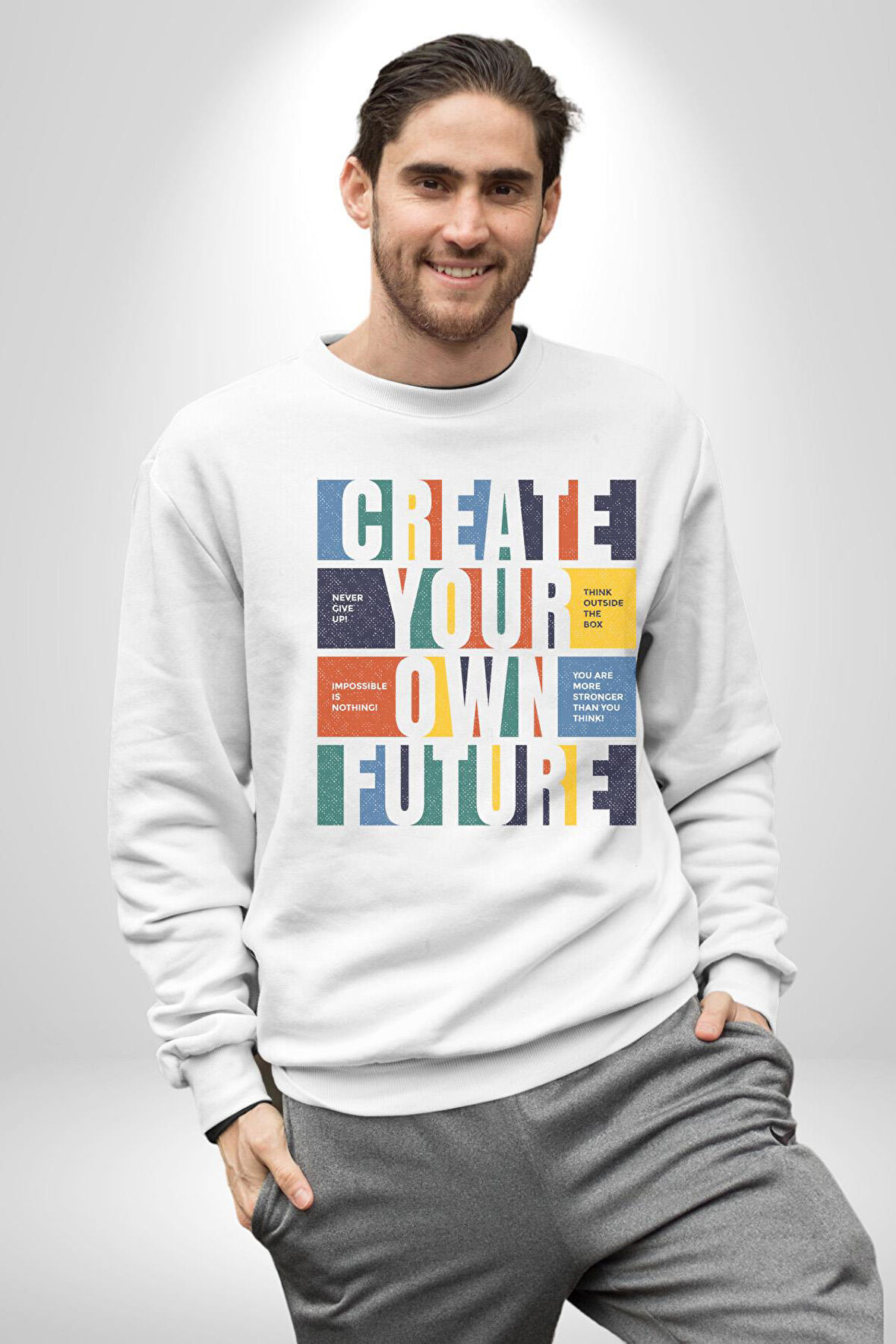 Geleçeği Seninle Planlayalım  Kadın Erkek  Beyaz Baskılı Sweatshirt 