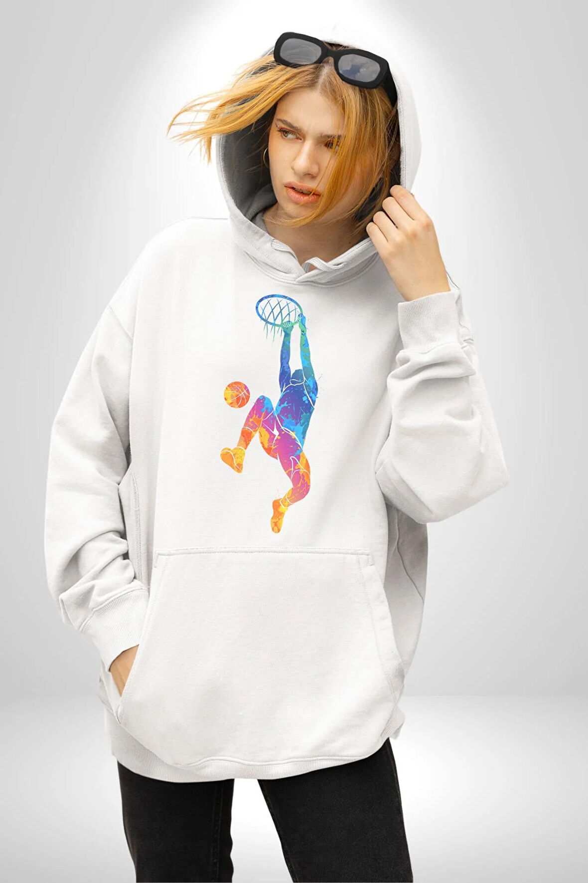 Smaç Basketbol Renkli Kadın Erkek  Beyaz Kapüşonlu Sweatshirt Hoodie