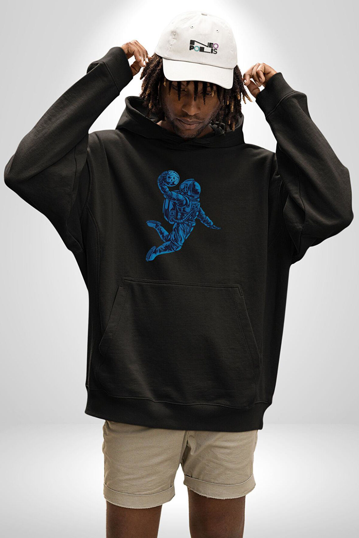 Basketbol Mars Uzay Smaçı  Kadın Erkek  Siyah Kapüşonlu Sweatshirt Hoodie