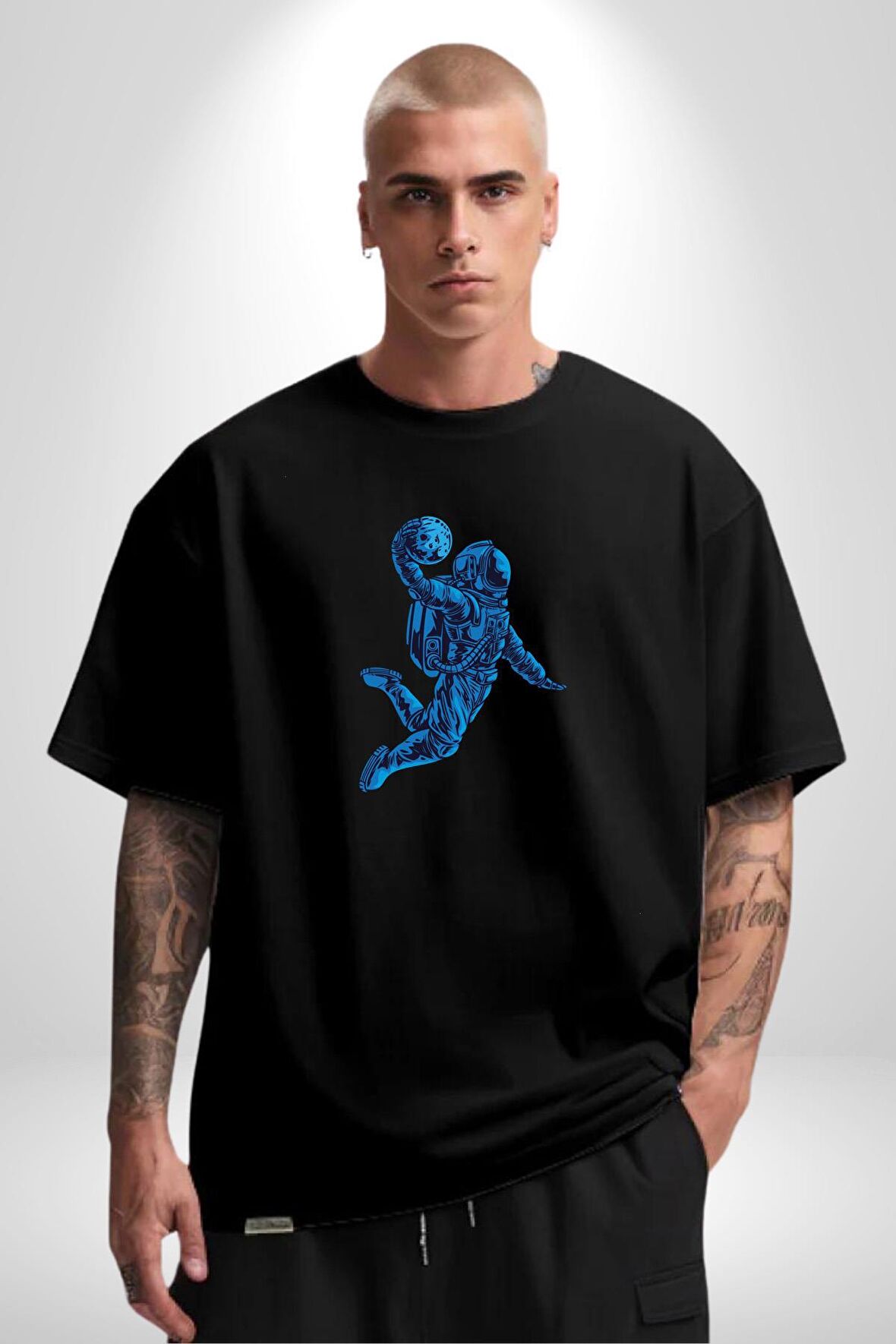 Basketbol Mars Uzay Smaçı  Pamuklu Bisiklet Yaka Kadın Erkek Oversize Boyfriend Dijital Baskılı Siyah T-shirt