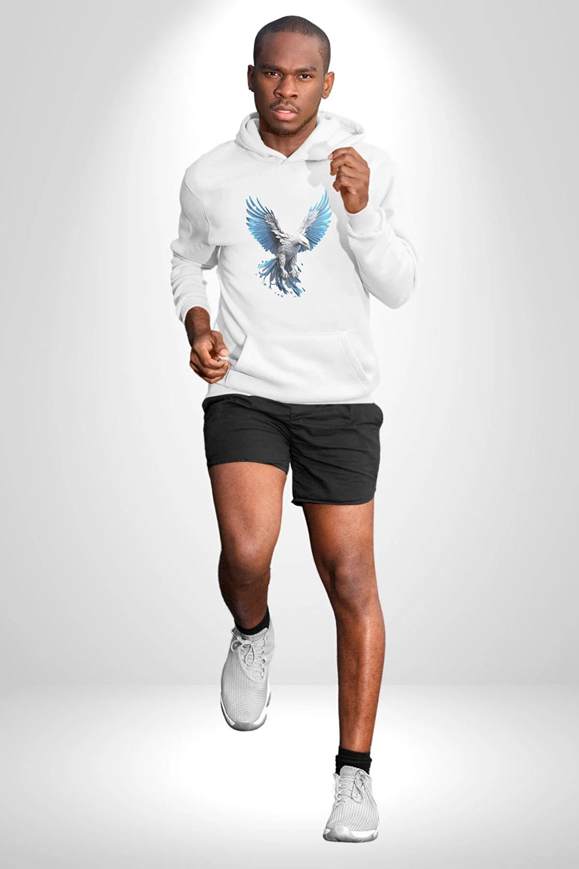 Mavi Beyaz Kartal Kuş Kadın Erkek  Beyaz Kapüşonlu Sweatshirt Hoodie