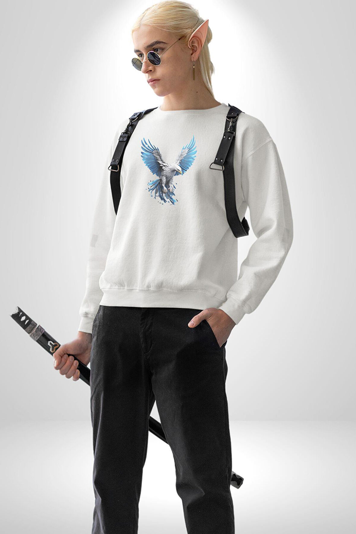 Mavi Beyaz Kartal Kuş Kadın Erkek  Beyaz Baskılı Sweatshirt 