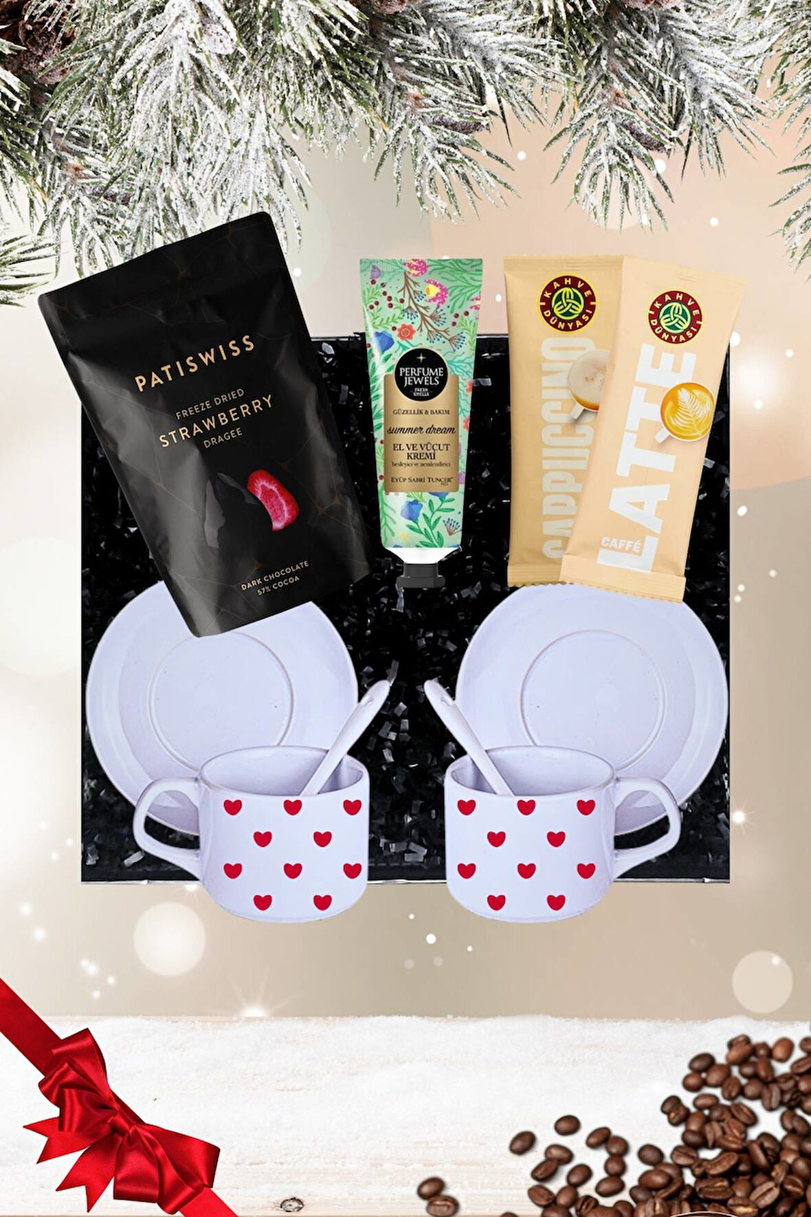 Yılbaşı 2’li Fincan seti & Bitter Çikolatalı Çilek Draje & Cappuccino Latte Hediye Seti Gift Box-6