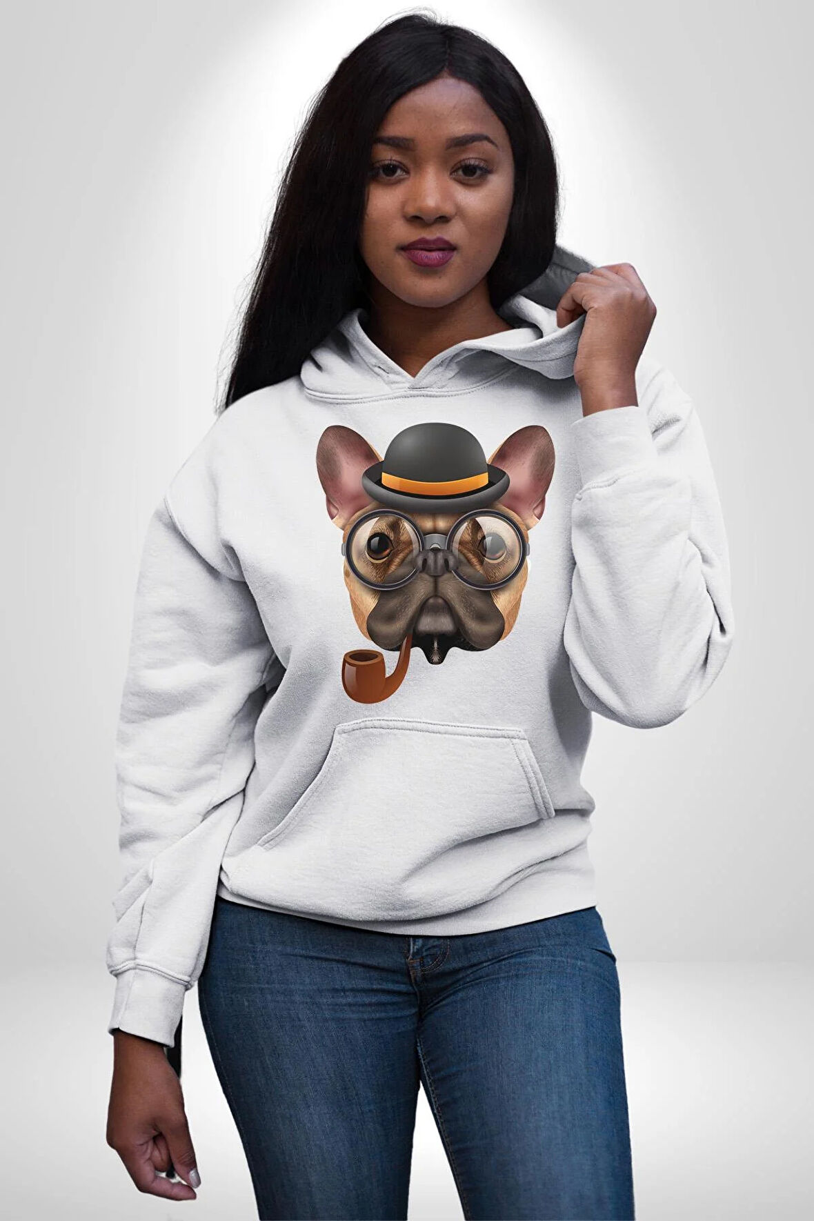 Köpek Pug Gözlüklü Kadın Erkek  Beyaz Kapüşonlu Sweatshirt Hoodie