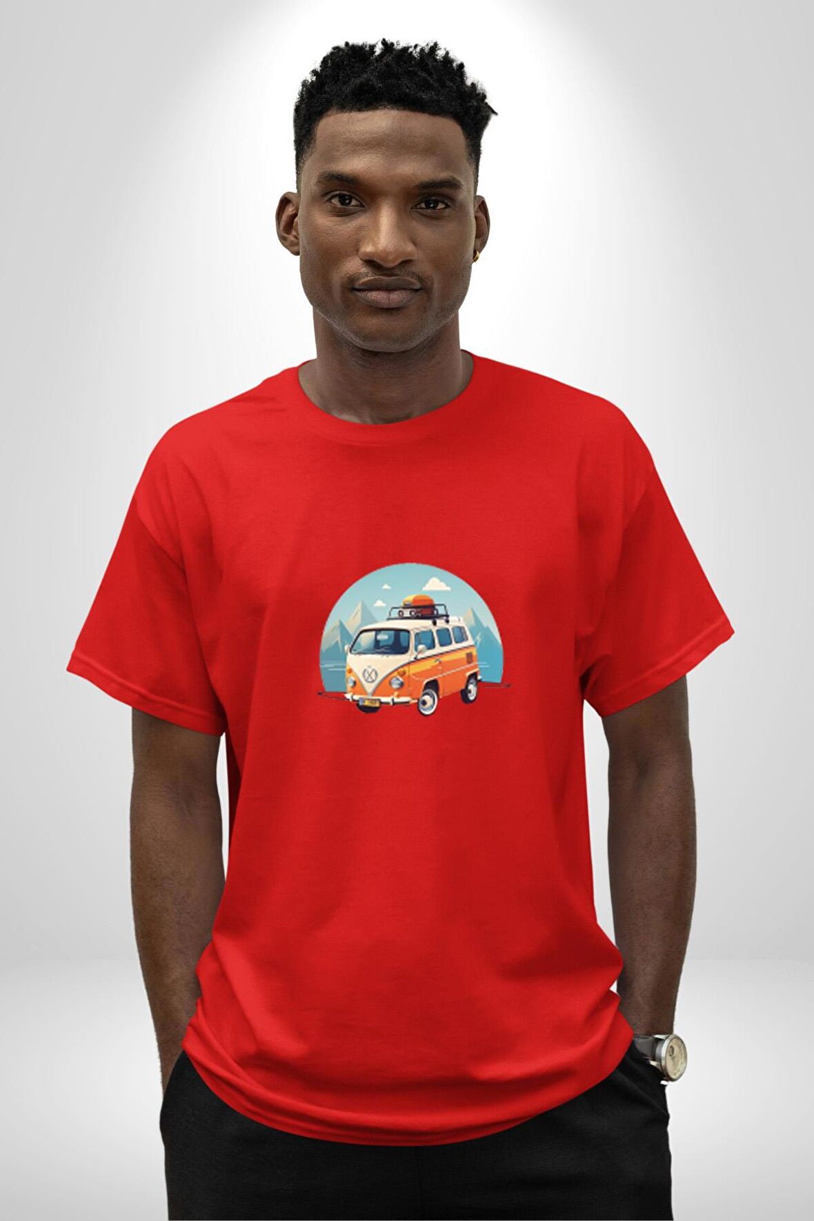 Wolkswagen Karavan Kış Gezisi Pamuklu Bisiklet Yaka Kadın Erkek Oversize Boyfriend Dijital Baskılı Kırmızı T-Shirt