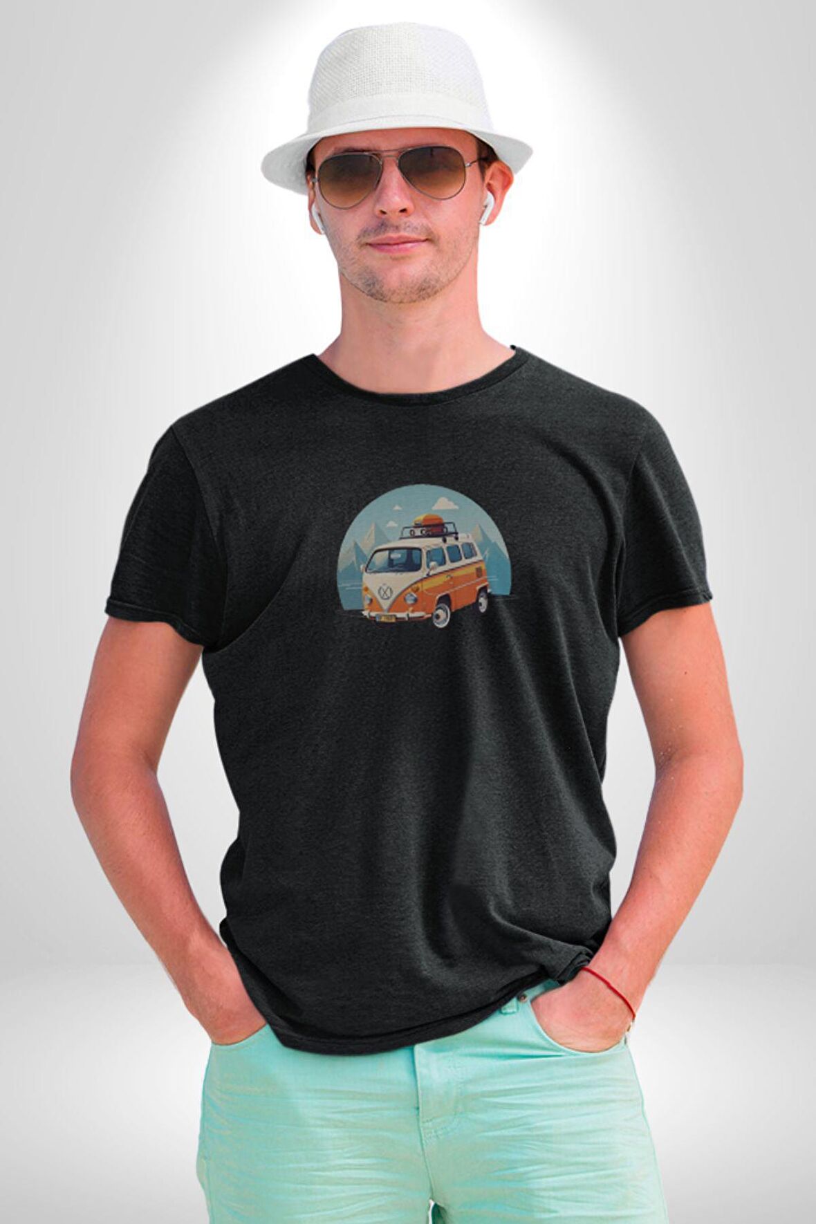 Wolkswagen Karavan Kış Gezisi Kadın Erkek Unisex Siyah Organik Baskılı T-Shirt Penye Yüksek Kalite