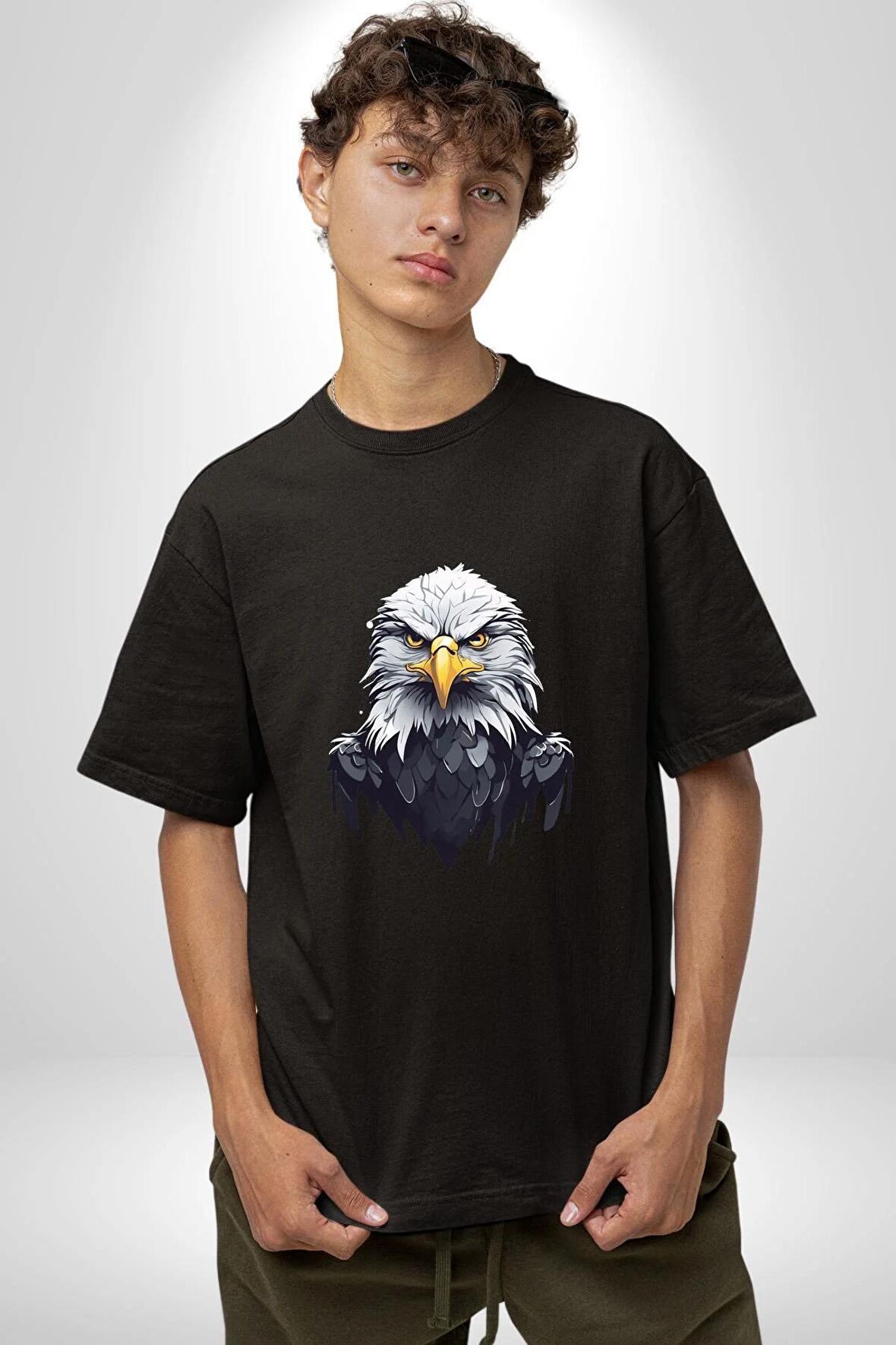 Siyah Beyaz Şahin Kafası  Pamuklu Bisiklet Yaka Kadın Erkek Oversize Boyfriend Dijital Baskılı Siyah T-shirt