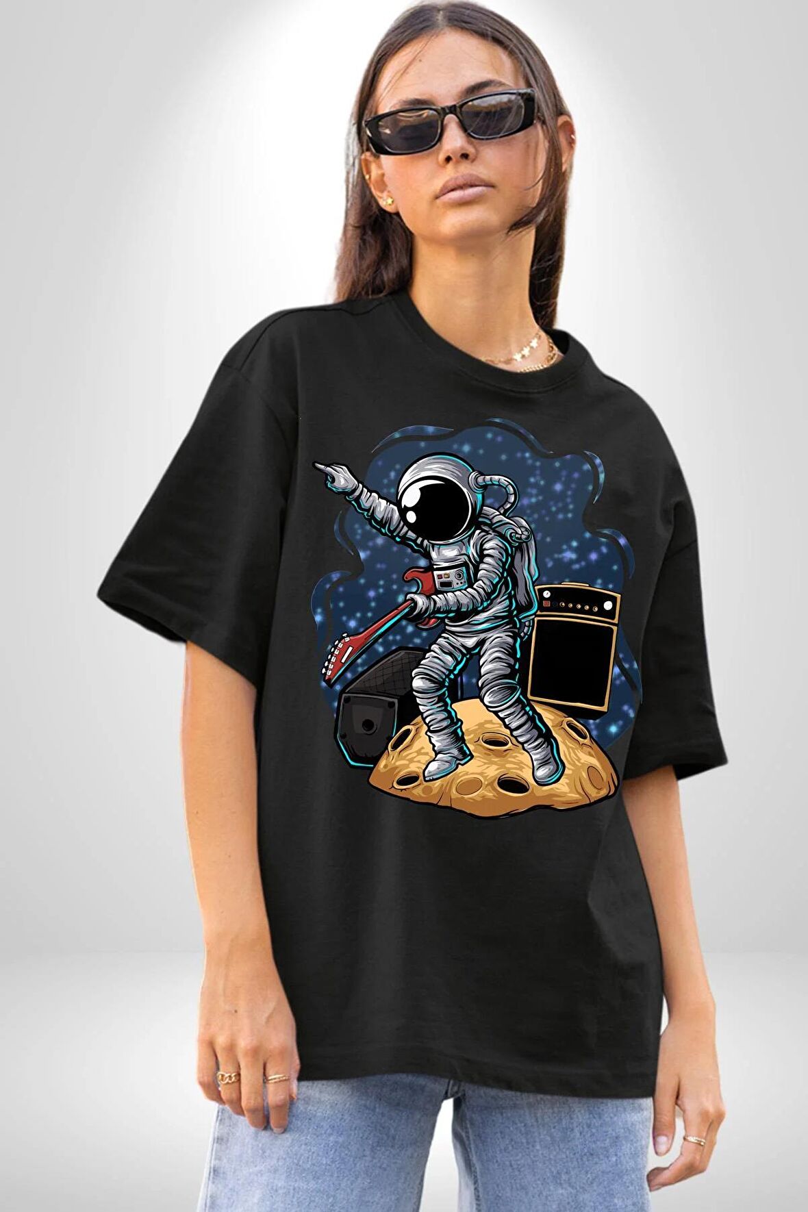 Gitar Astronot Müzik Uzay Pamuklu Bisiklet Yaka Kadın Erkek Oversize Boyfriend Dijital Baskılı Siyah T-shirt