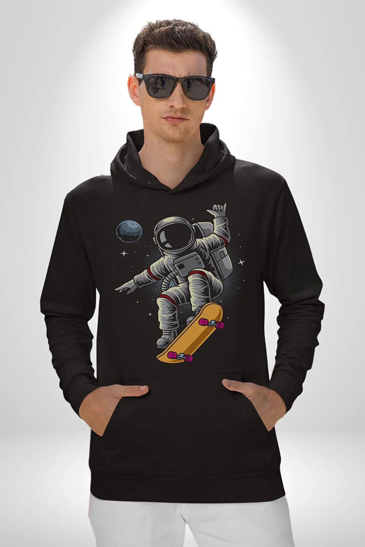 Atronot Kaykay Uzay Mars Kadın Erkek  Siyah Kapüşonlu Sweatshirt Hoodie