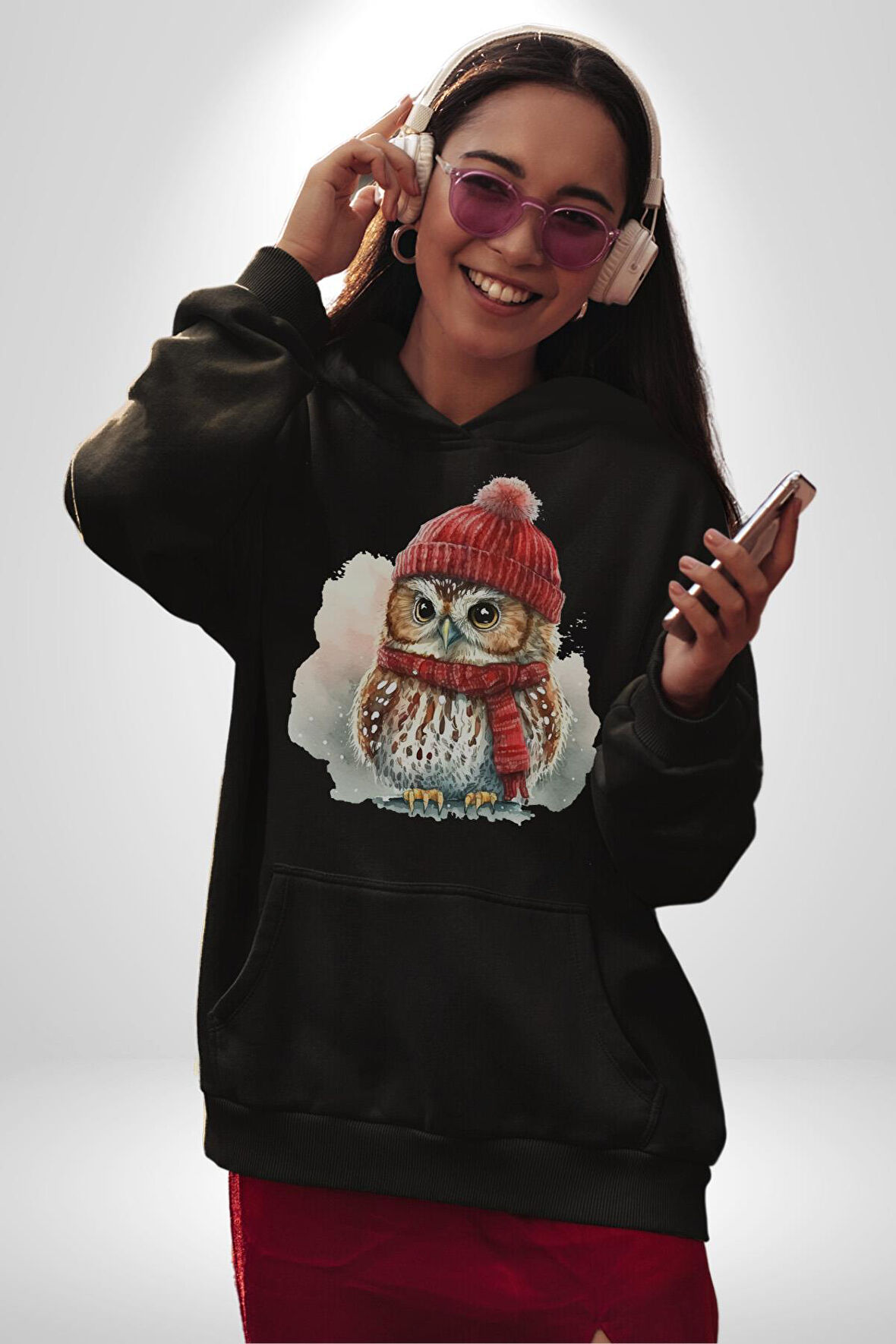 Kış Kırmızı Atkı Bere Baykuş Kadın Erkek  Siyah Kapüşonlu Sweatshirt Hoodie