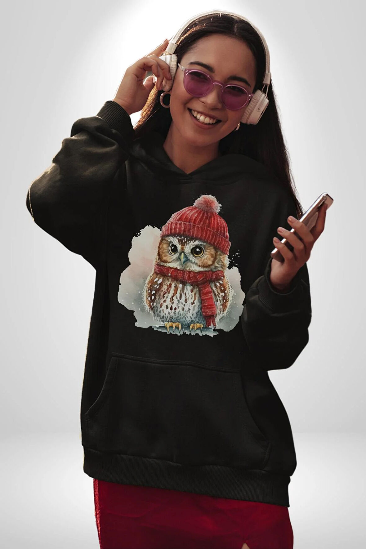 Kış Kırmızı Atkı Bere Baykuş Kadın Erkek  Siyah Kapüşonlu Sweatshirt Hoodie