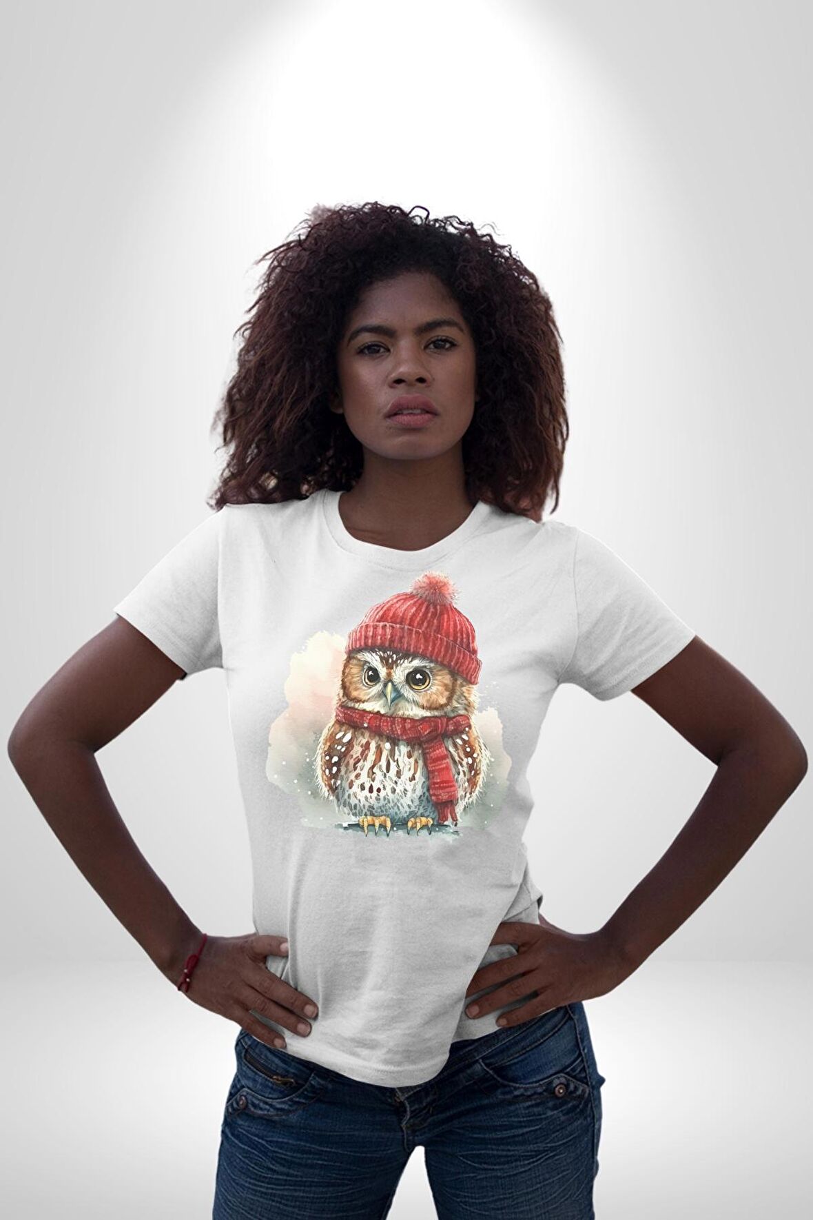 Kış Kırmızı Atkı Bere Baykuş Kadın Erkek Unisex Beyaz Organik Baskılı T-Shirt Penye Yüksek Kalite