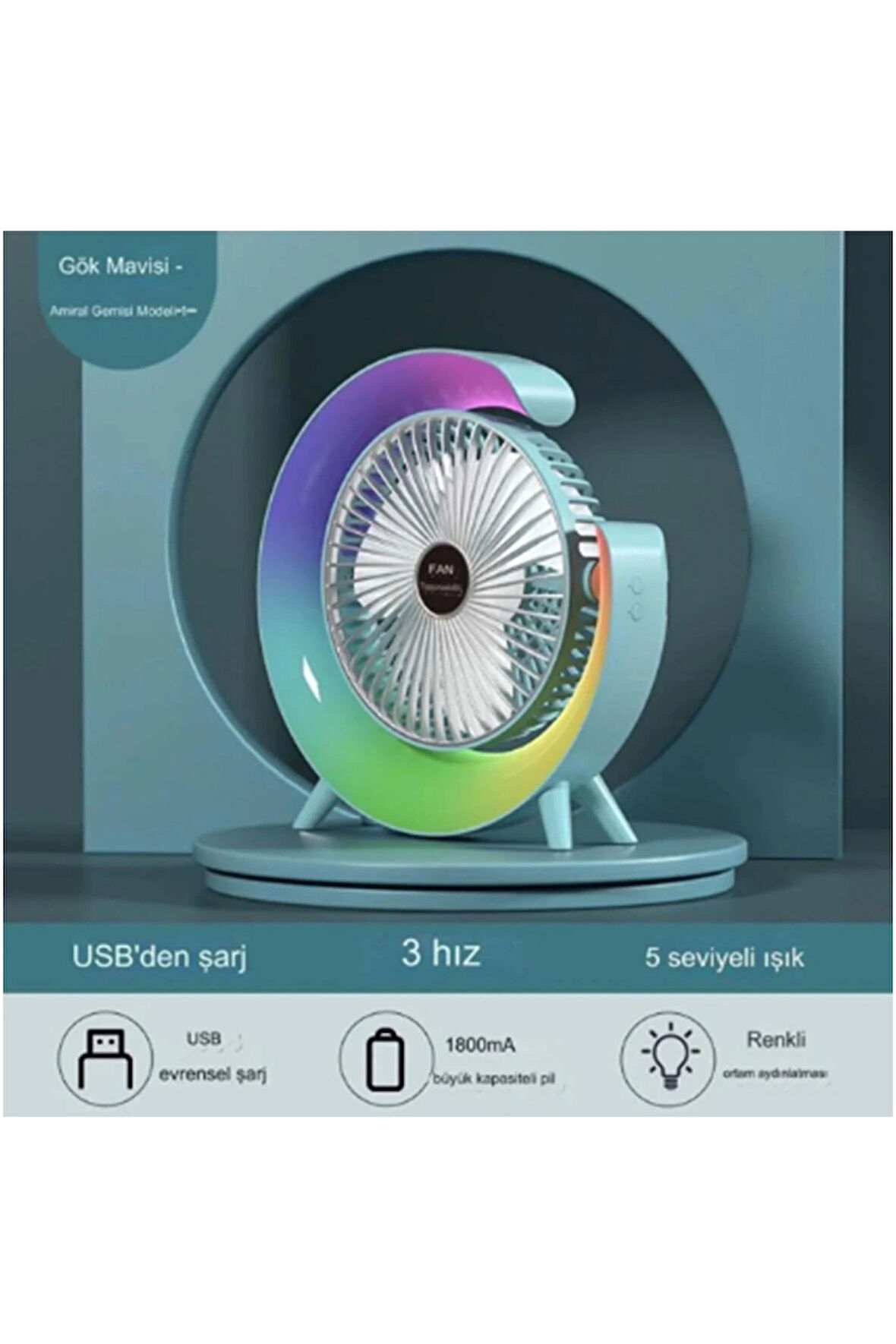Masaüstü Vantilatör Usb Şarjlı Rgb Led Işıklı 3 Kademeli 180° Ayarlanabilir Soğutucu Fan Mavi