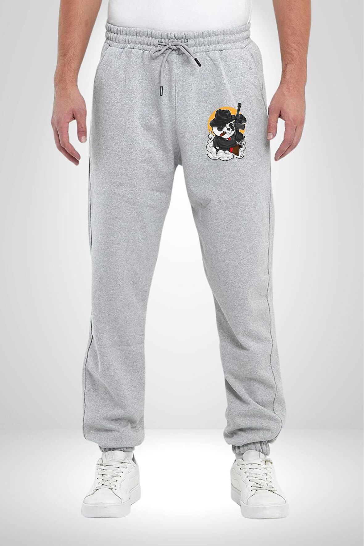 Gangster Panda  Pamuklu 3 İplik Gri Eşofman Altı Erkek Oversize Kesim Dijital Baskılı