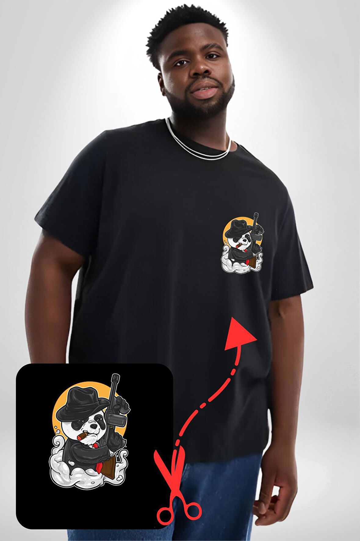 Gangster Panda  Siyah Büyük Beden Kadın Basic Minimal Baskılı Tişört