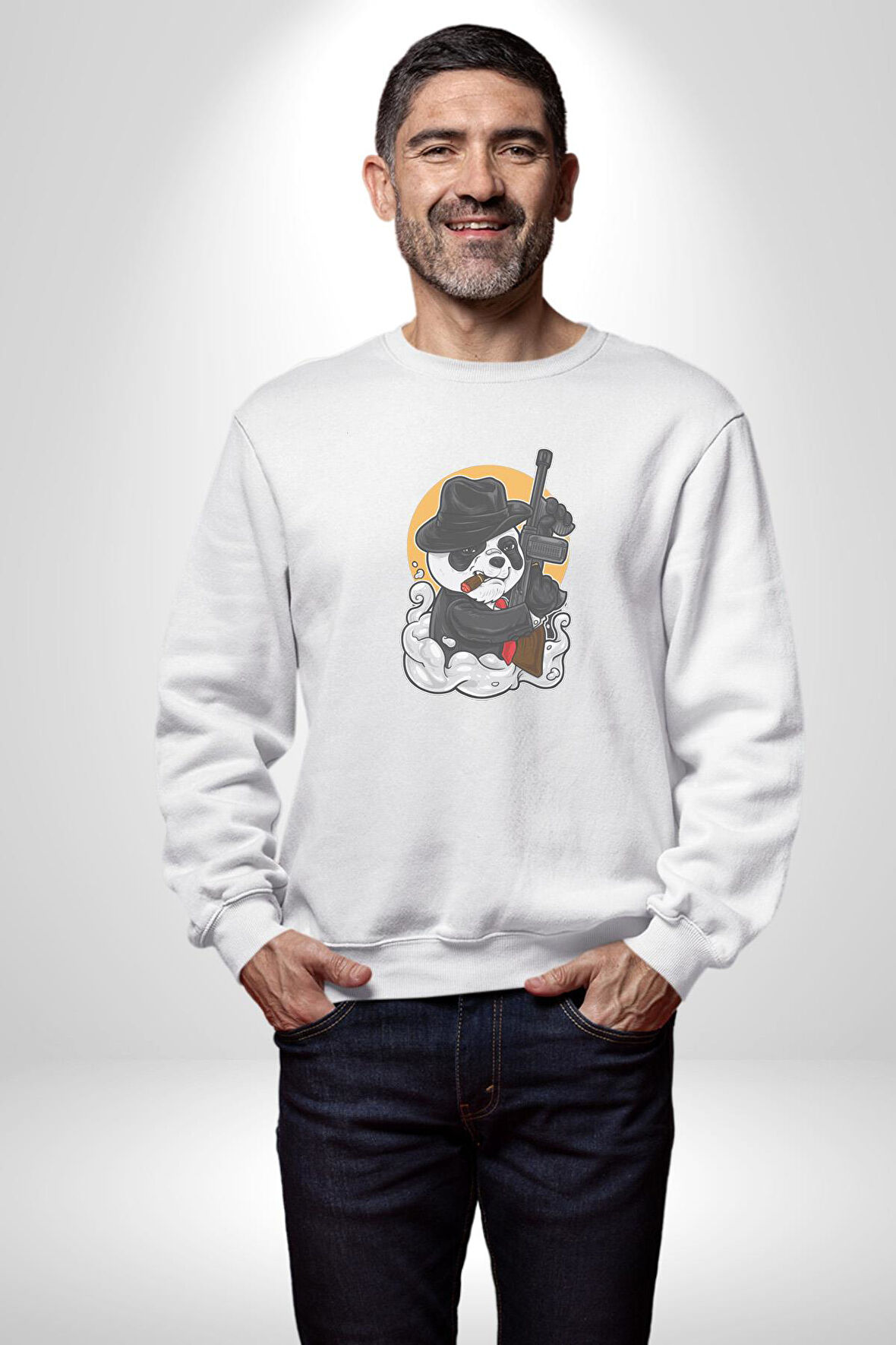 Gangster Panda  Kadın Erkek  Beyaz Baskılı Sweatshirt 