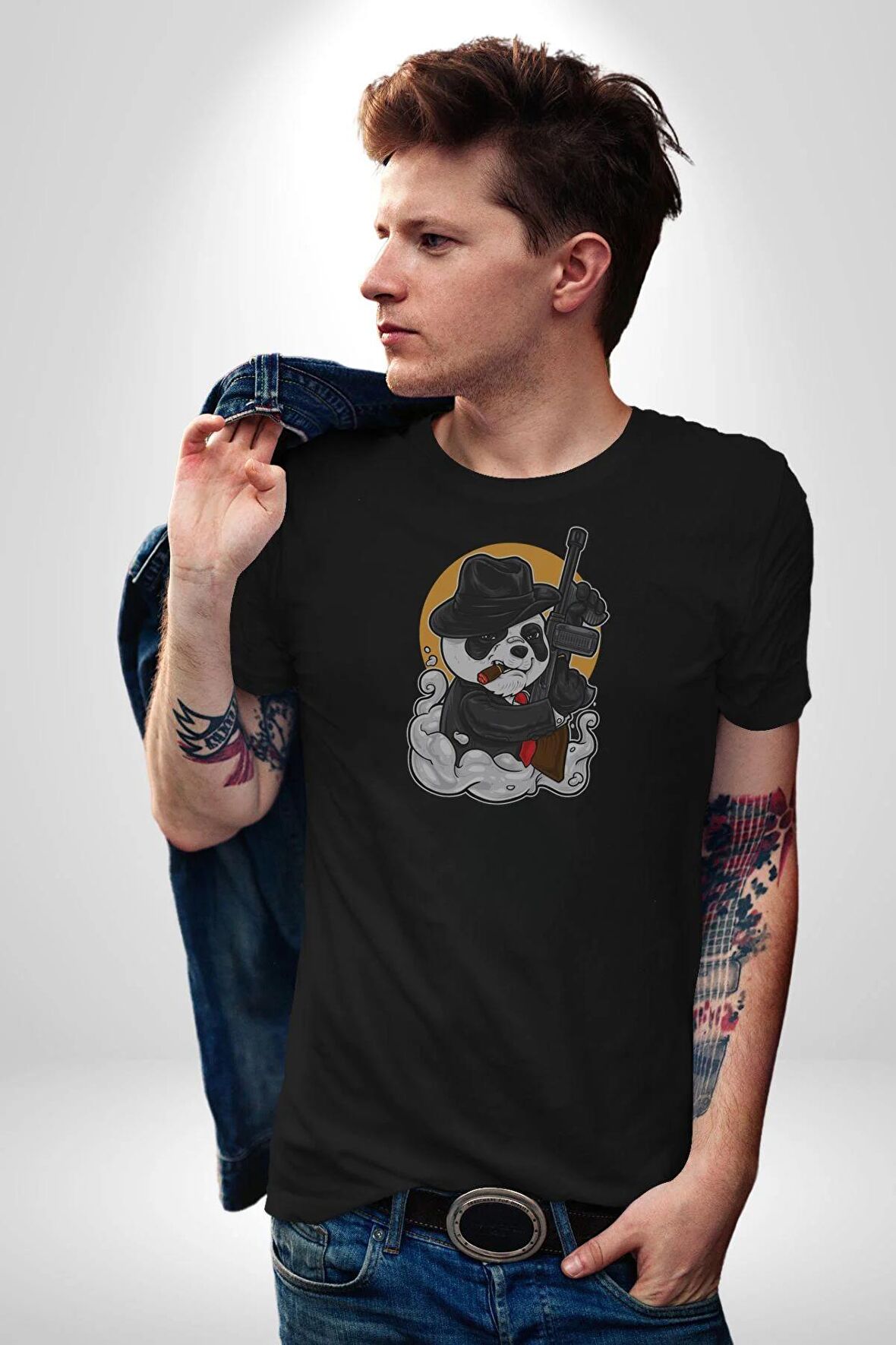Gangster Panda  Kadın Erkek Unisex Siyah Organik Baskılı T-Shirt Penye Yüksek Kalite