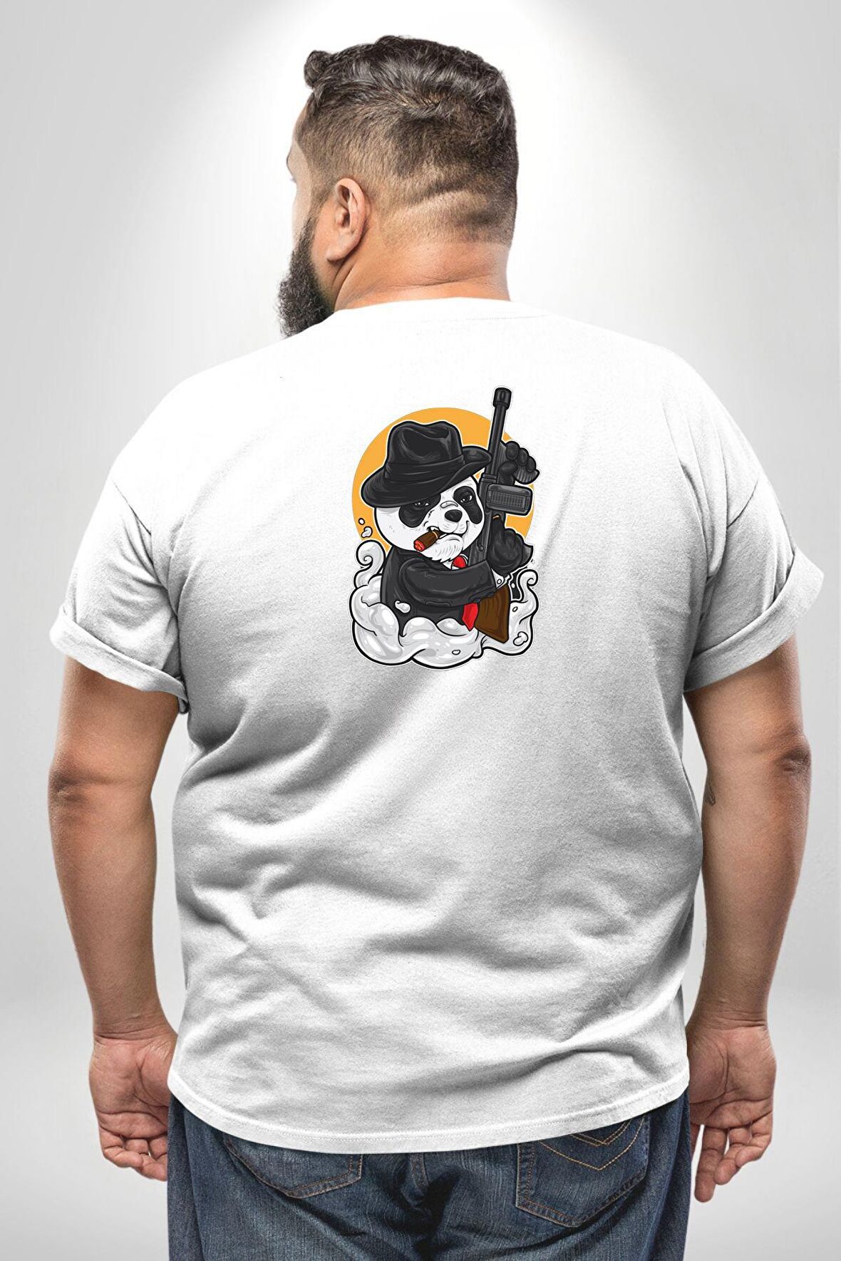 Gangster Panda  Büyük Beden Beyaz Tişört Kadın Erkek Ünisex Sırt Baskılı