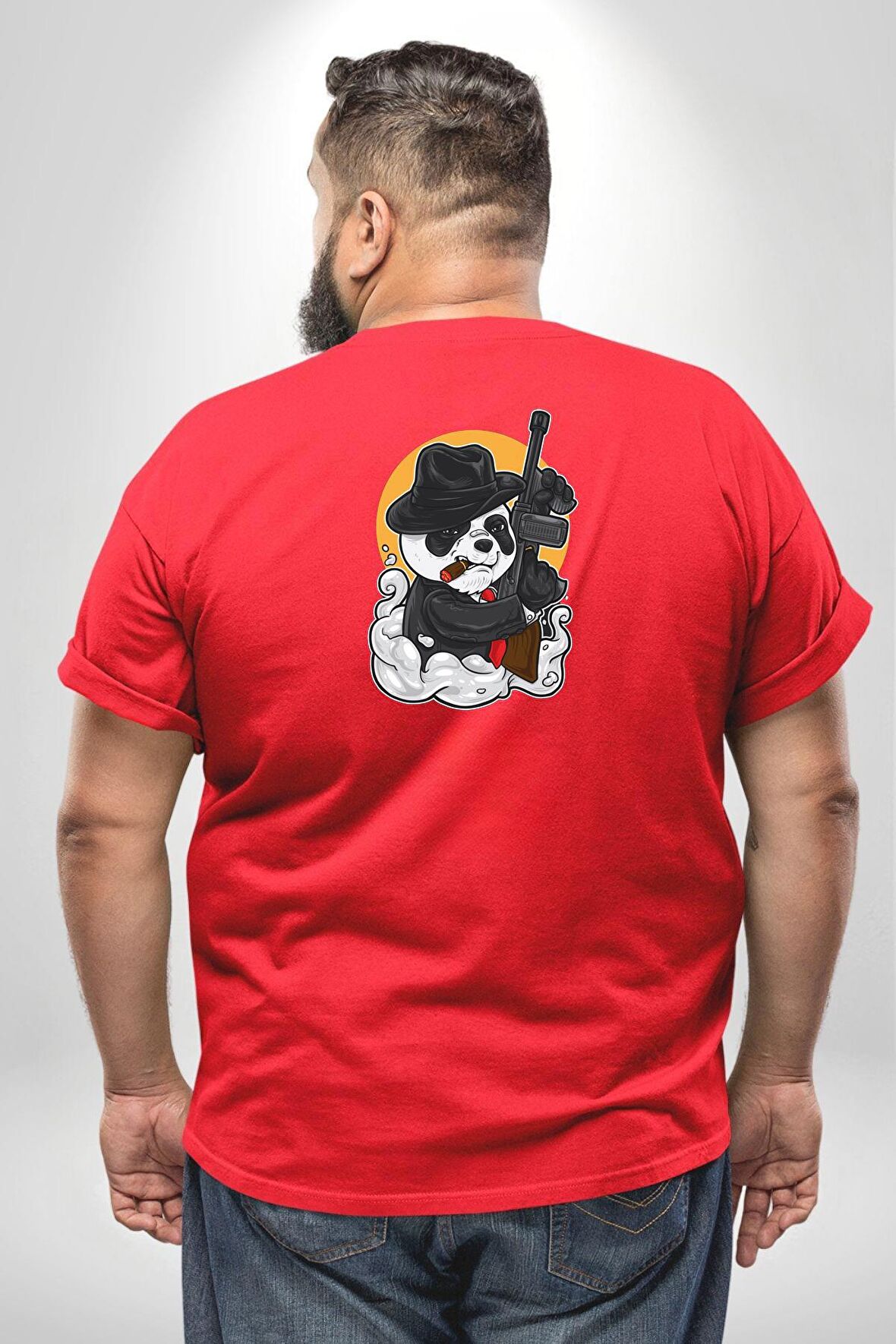 Gangster Panda  Büyük Beden Kırmızı Tişört Kadın Erkek Ünisex Sırt Baskılı