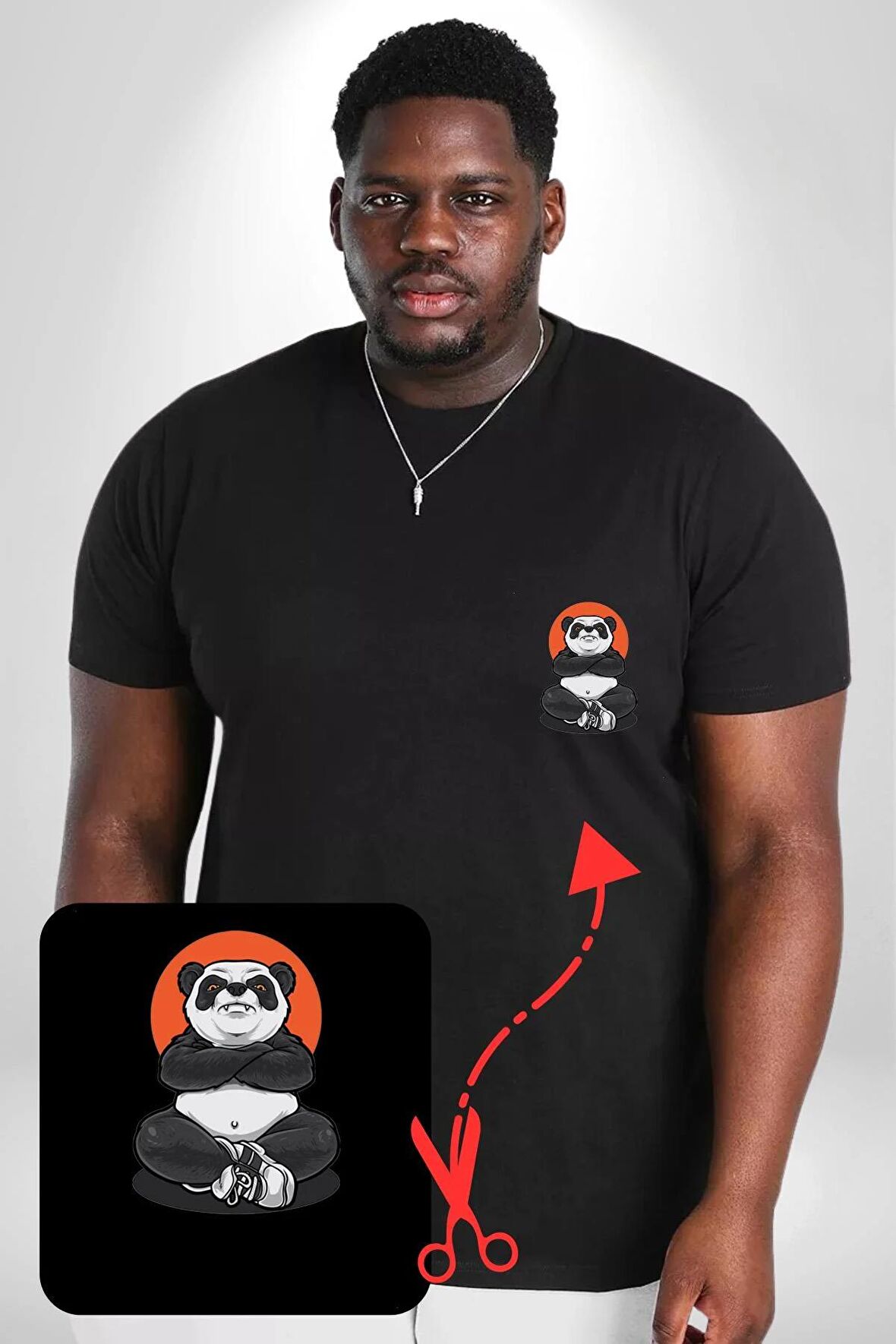 Yoga Panda  Siyah Büyük Beden Kadın Basic Minimal Baskılı Tişört