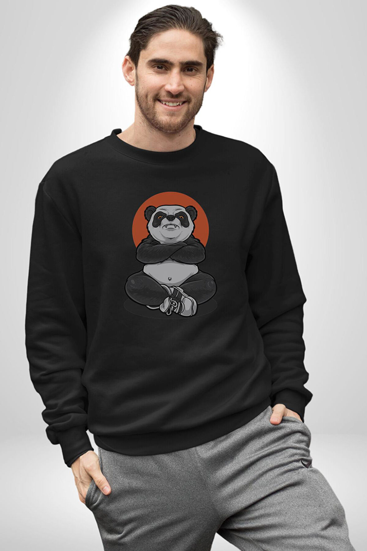 Yoga Panda  Kadın Erkek  Siyah Baskılı Sweatshirt 