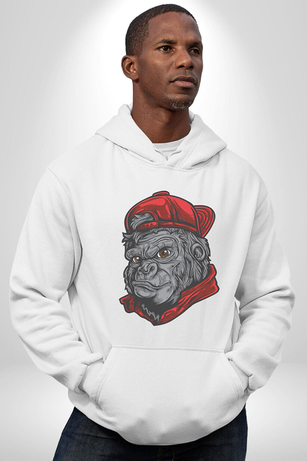 Kırmızı Şapka Maymun  Kadın Erkek  Beyaz Kapüşonlu Sweatshirt Hoodie