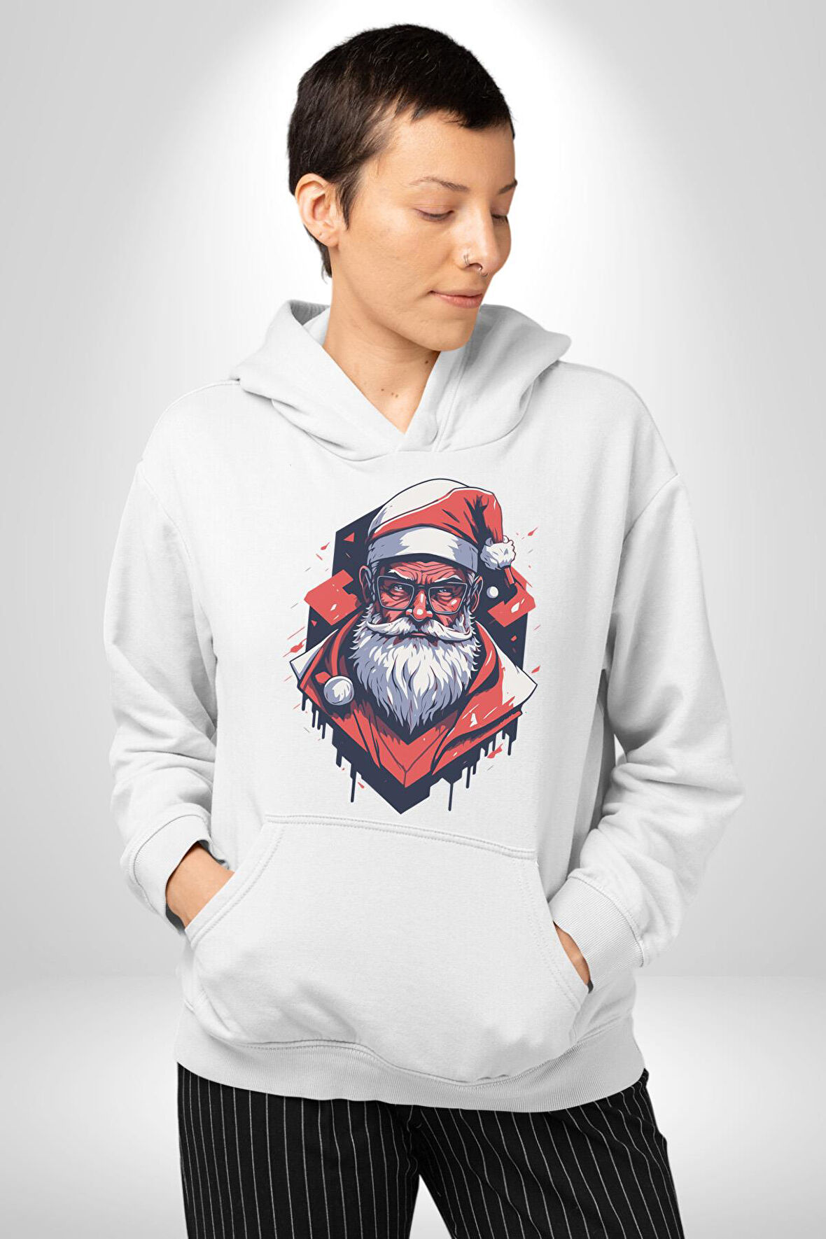 Cool Santa Claus Noel Baba Kadın Erkek  Beyaz Kapüşonlu Sweatshirt Hoodie