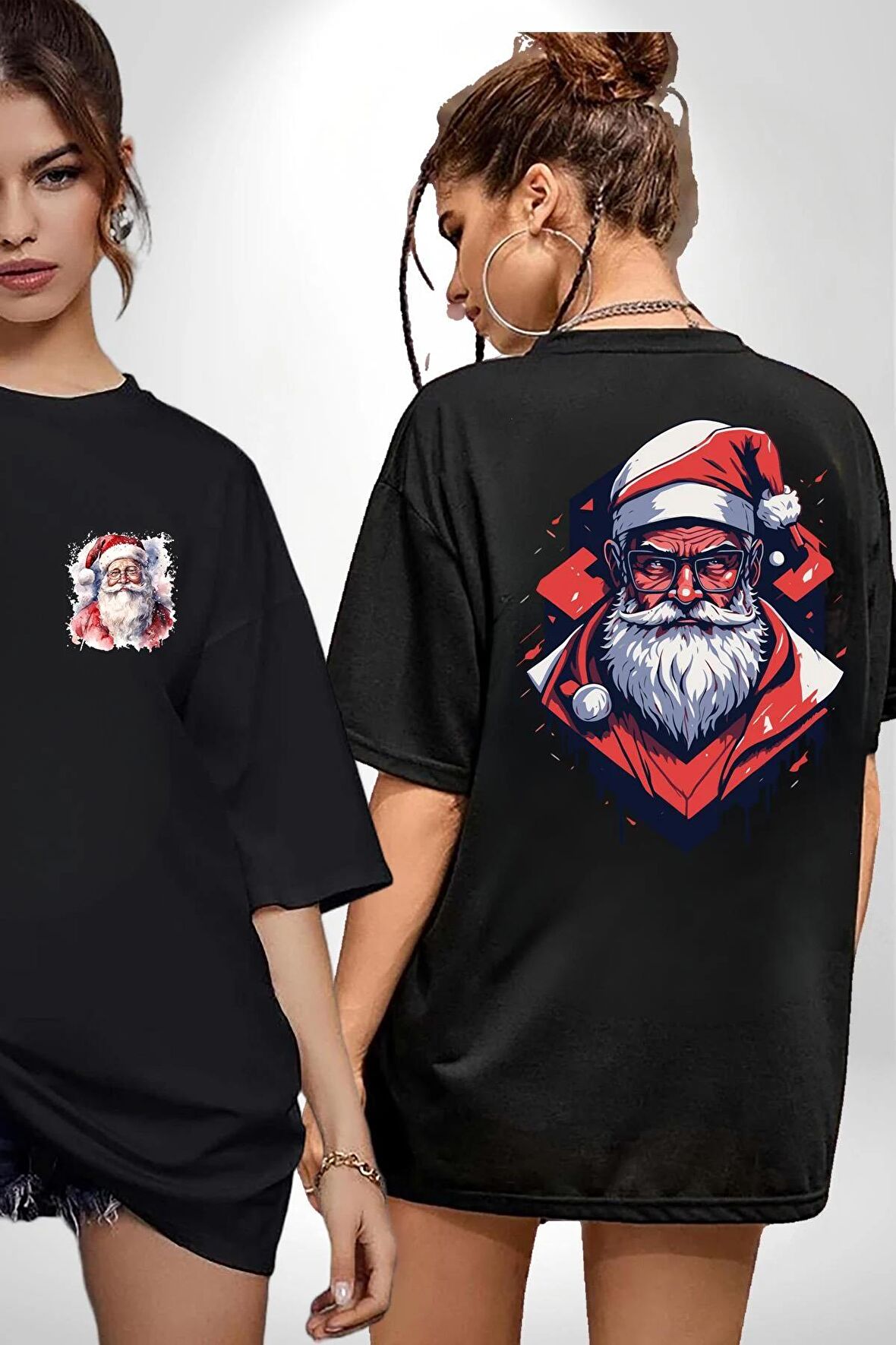 Cool Santa Claus Noel Baba Siyah Oversize Kadın Erkek Ön ve Sırt Baskılı Tişört